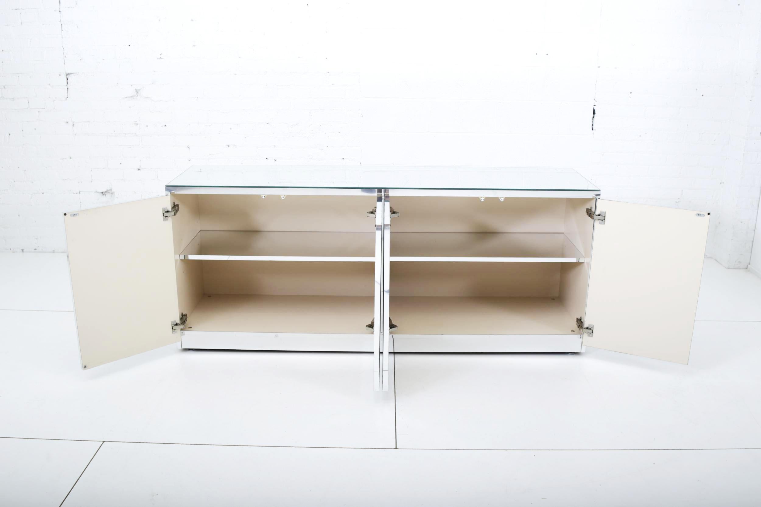 Ella mirrored and chrome credenza. Sides are chrome with chrome detail on front, circa 1970s.