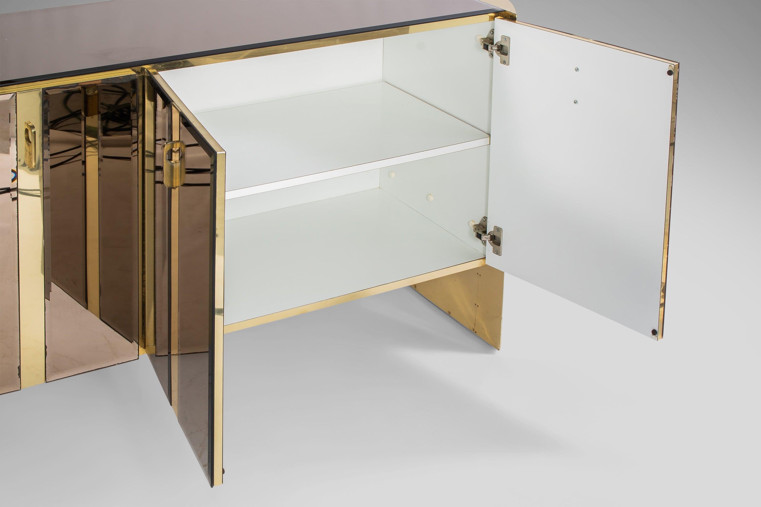 Ello Mirrored Case Piece / Credenza with Brass Accents, 1980s For Sale 11