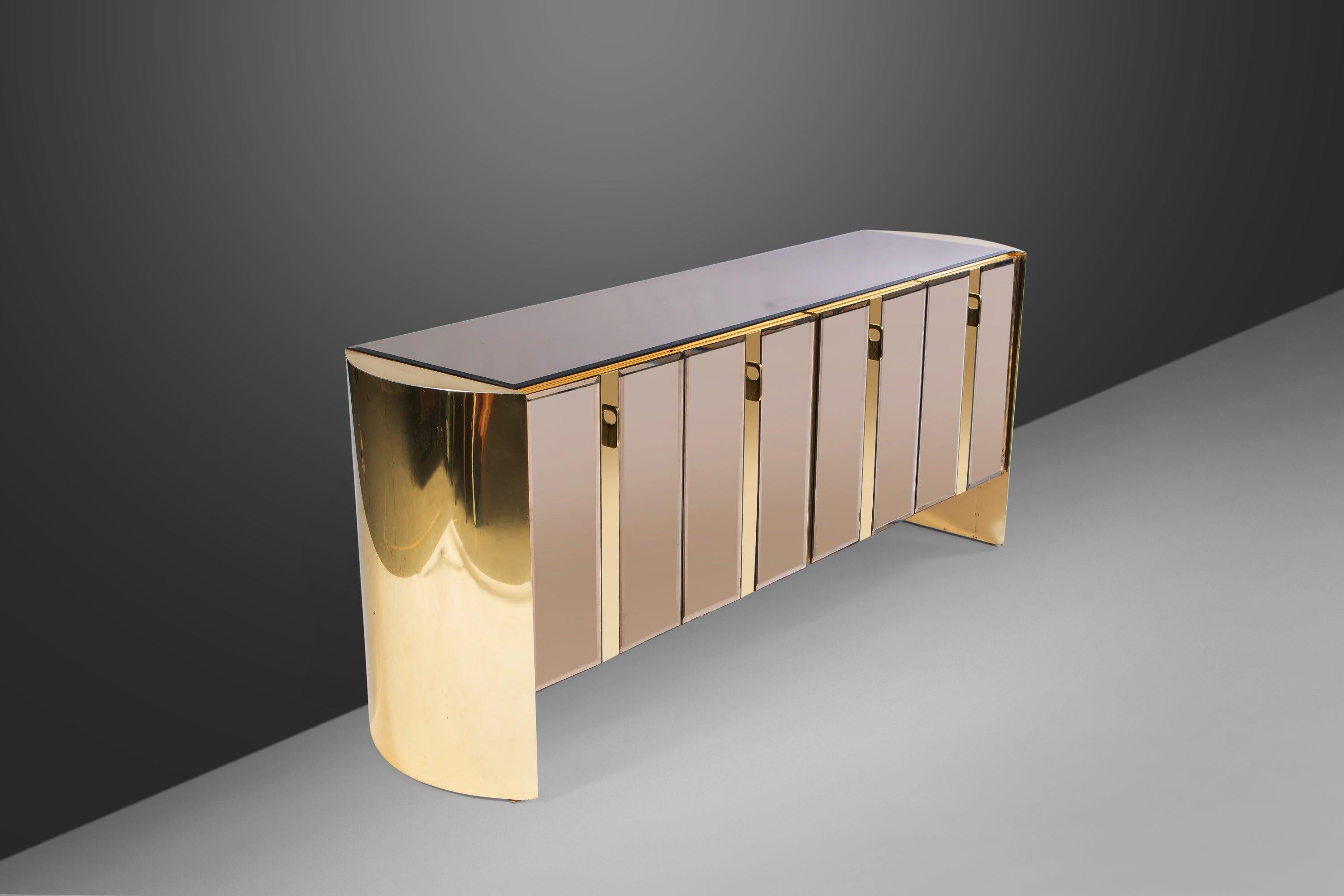 Mid-Century Modern Ello Mirrored Case Piece / Credenza with Brass Accents, 1980s For Sale
