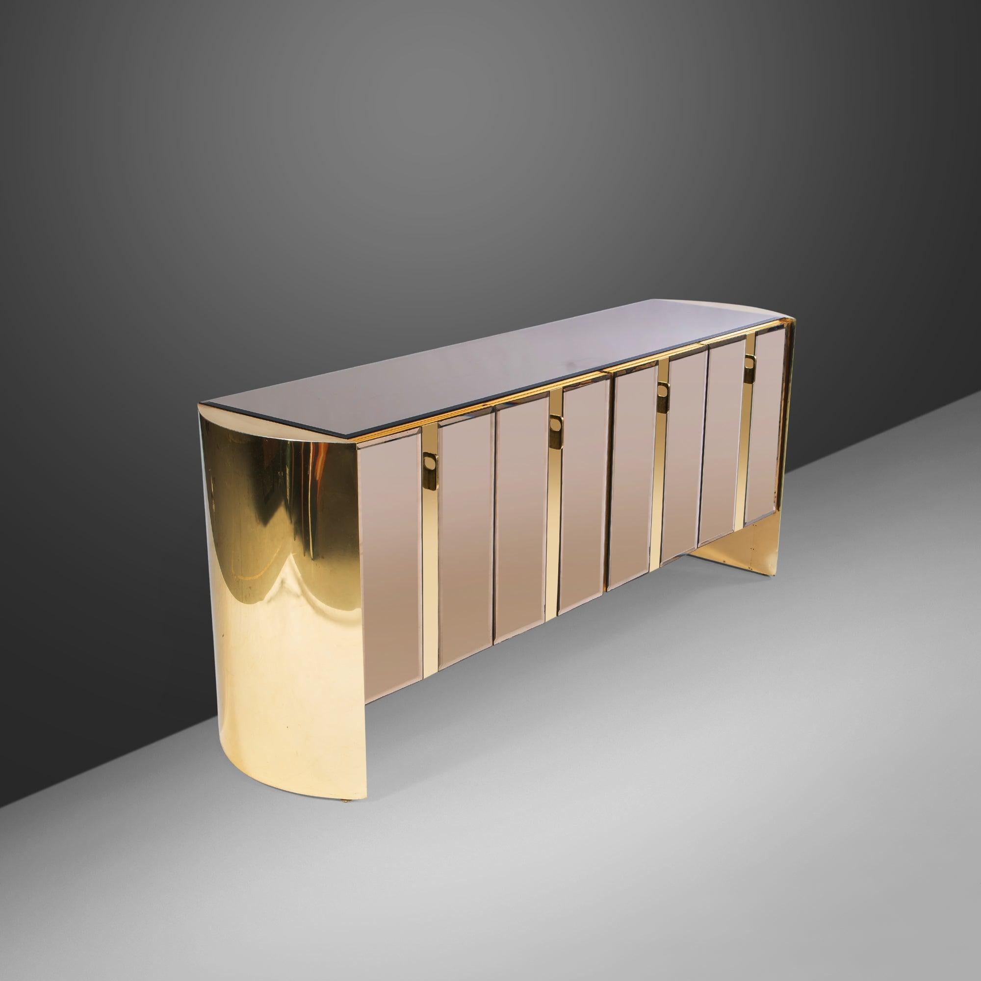 American Ello Mirrored Case Piece / Credenza with Brass Accents, 1980s For Sale