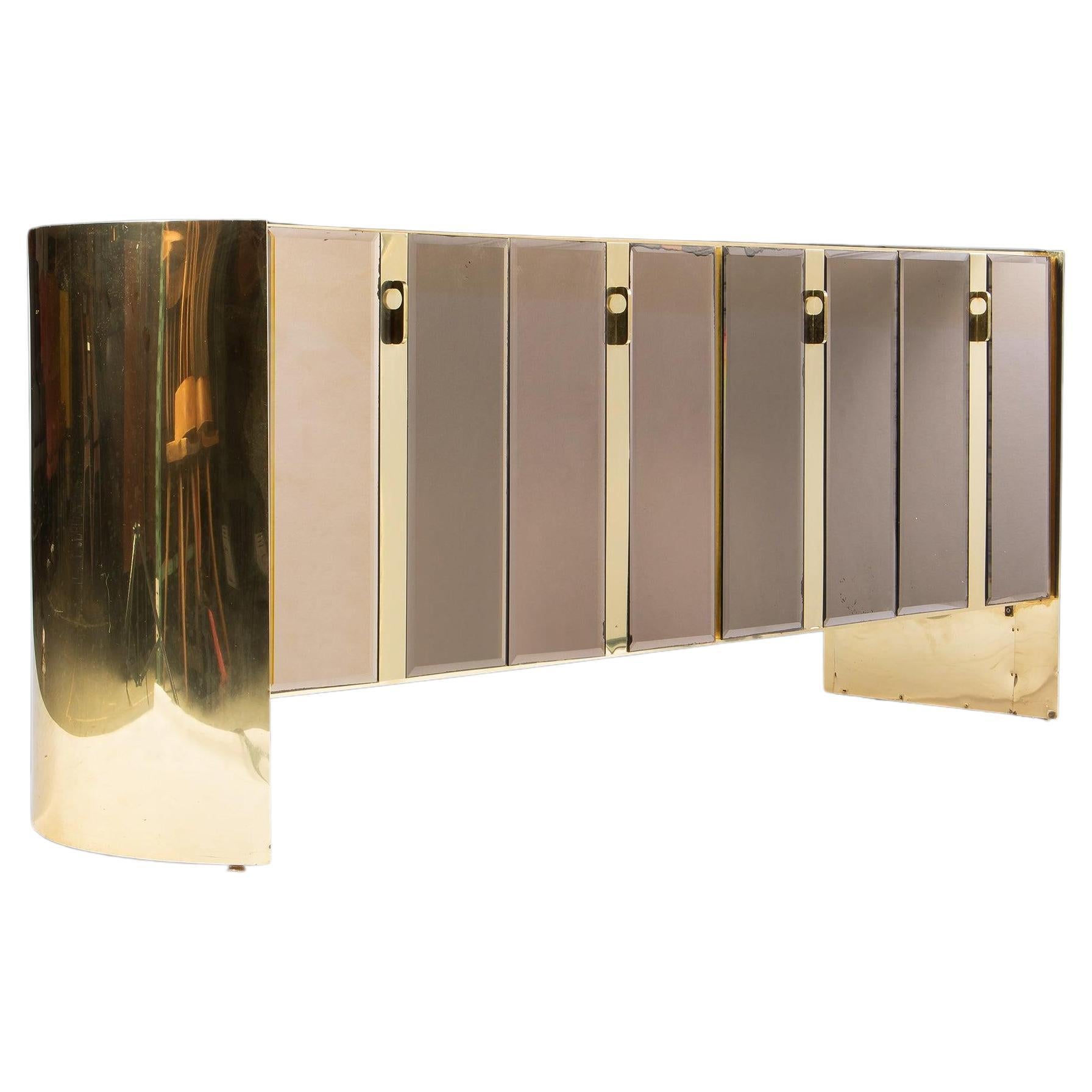Ello Mirrored Case Piece / Credenza with Brass Accents, 1980s For Sale