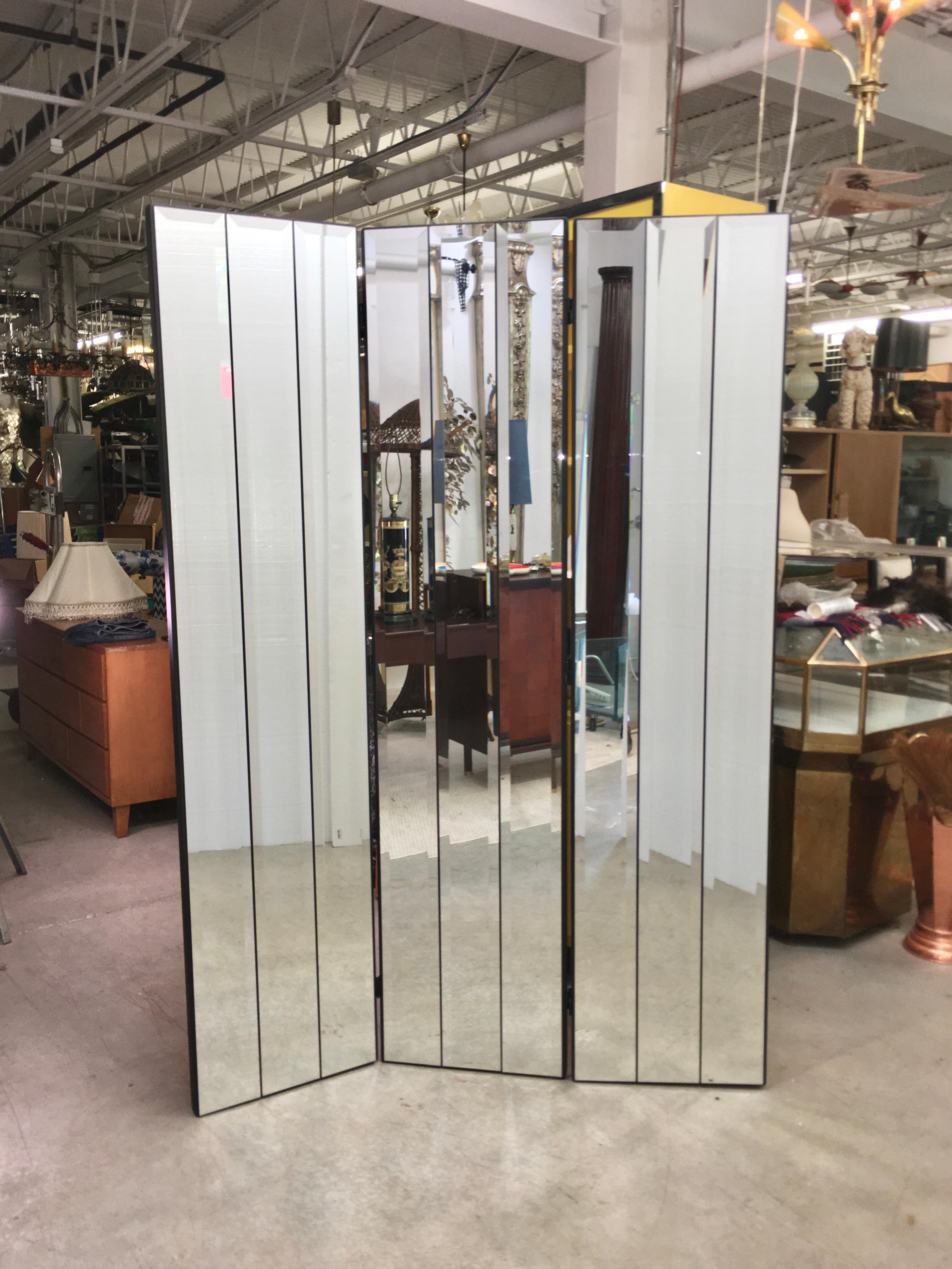 Ello Mirrored Three-Panel Folding Screen or Room Divider In Good Condition In Hanover, MA