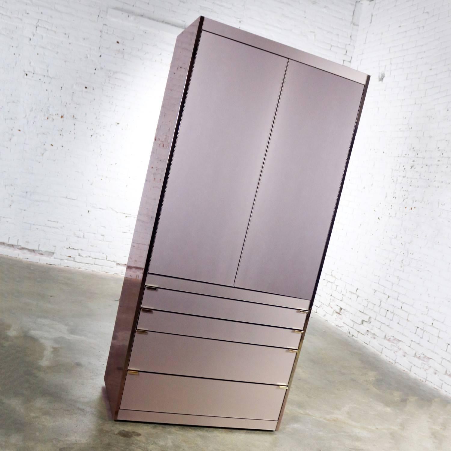 20th Century Ello Optima Brass and Rose Gray Glass Wardrobe Entertainment Storage Cabinet