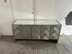 Ello Post Modern Mid century Glass Mirror brushed metal 5 door Credenza C. 1980s