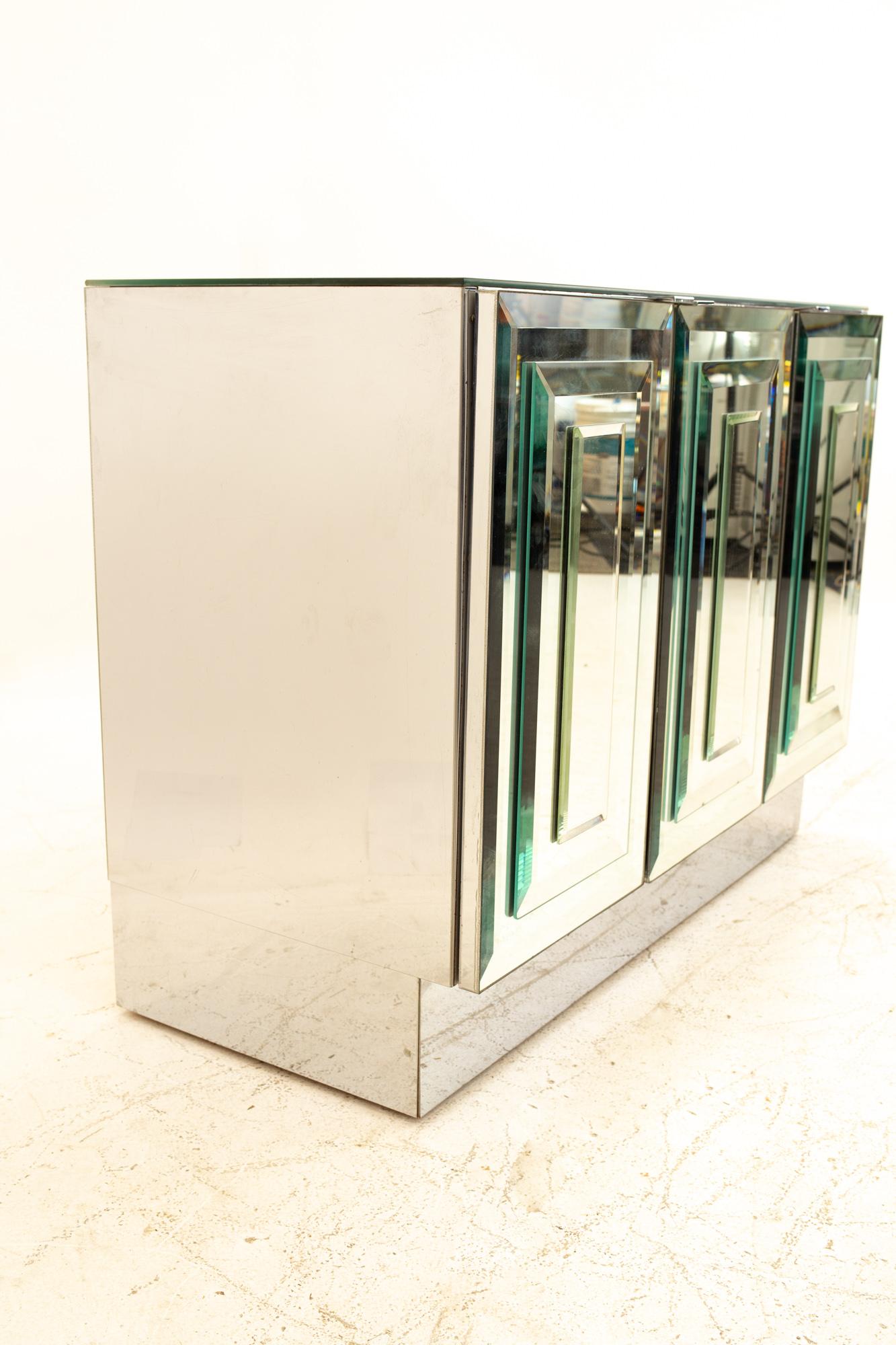 Glass Ello Skycraper Mid Century Mirrored Bar Cabinet