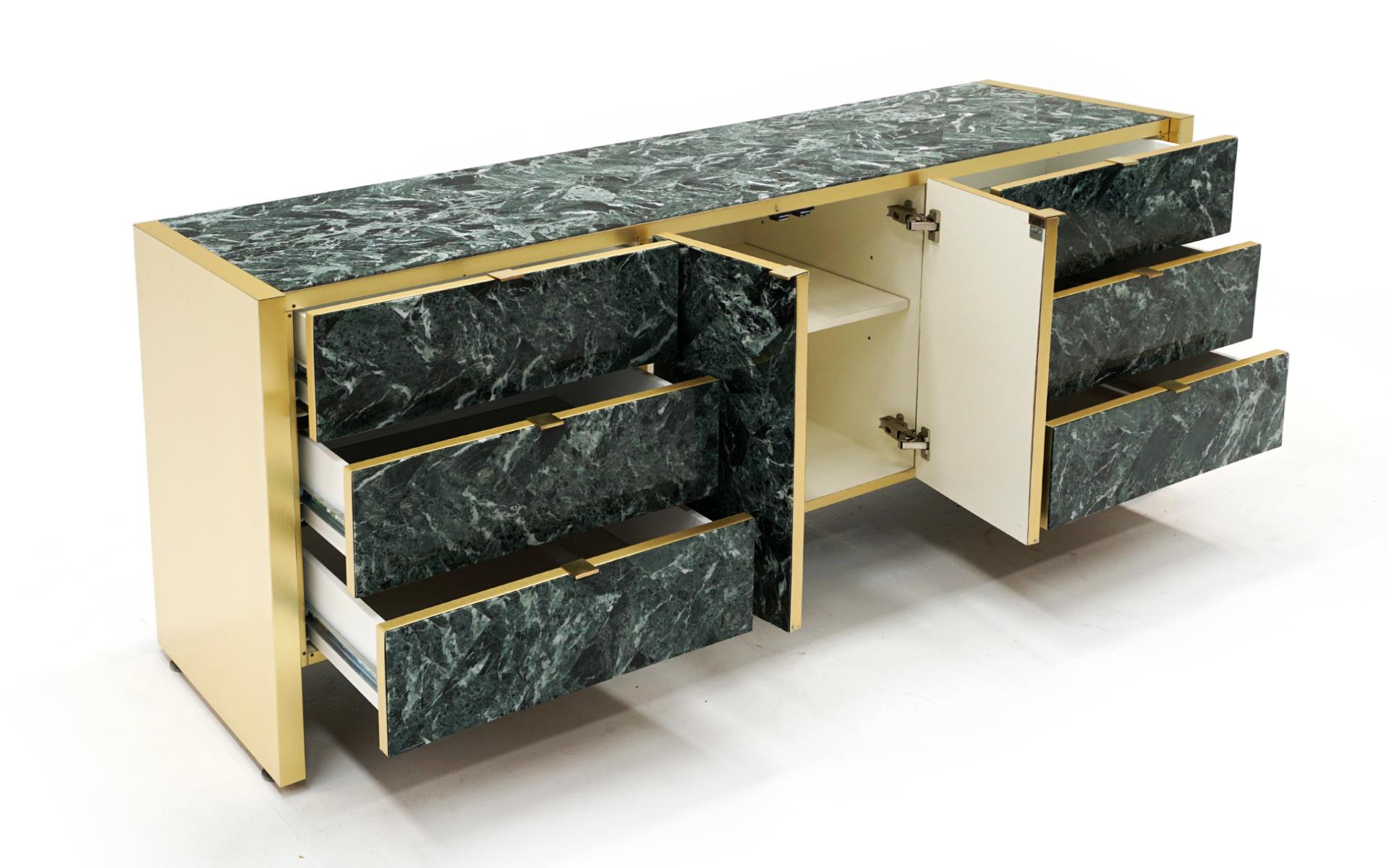 Hollywood Regency Ello Storage Cabinet, Credenza, Dresser in Tessellated Green Marble and Brass