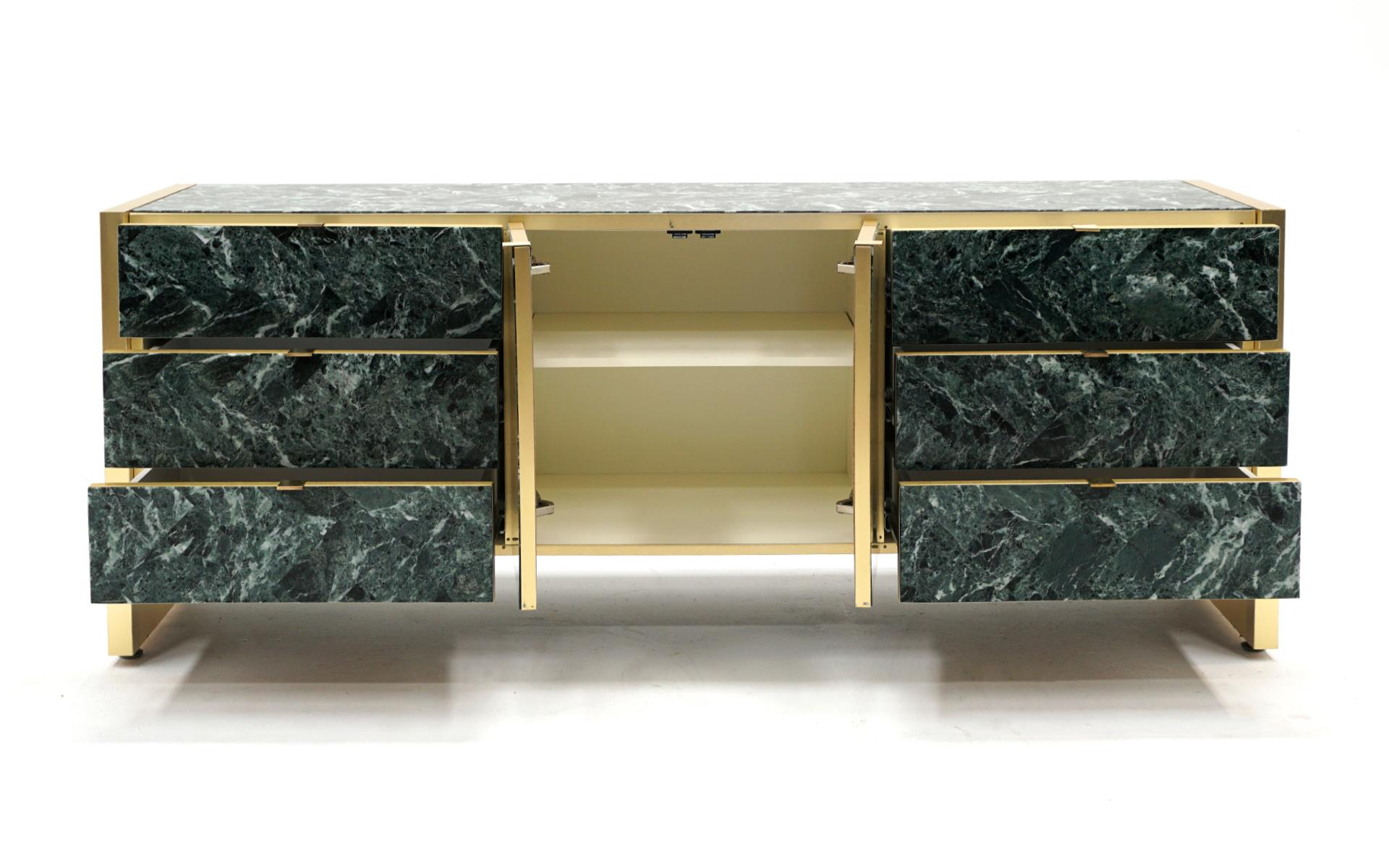 American Ello Storage Cabinet, Credenza, Dresser in Tessellated Green Marble and Brass