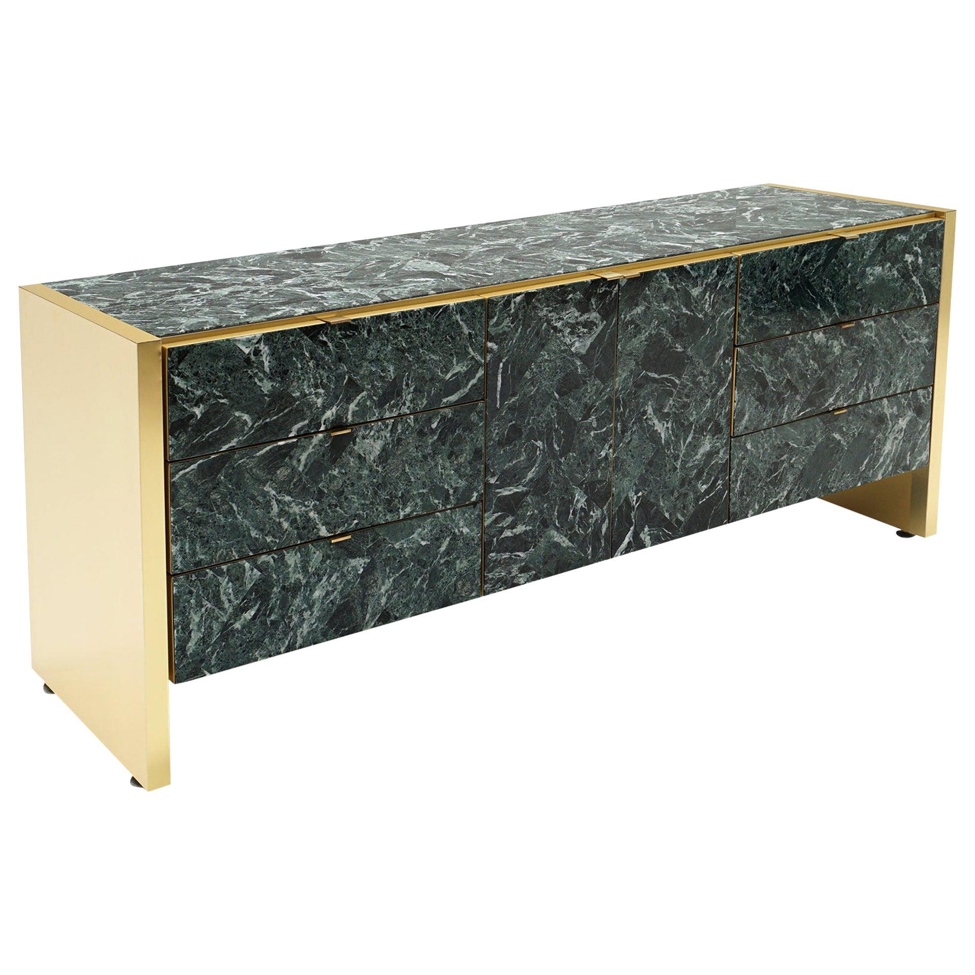 Ello Storage Cabinet, Credenza, Dresser in Tessellated Green Marble and Brass