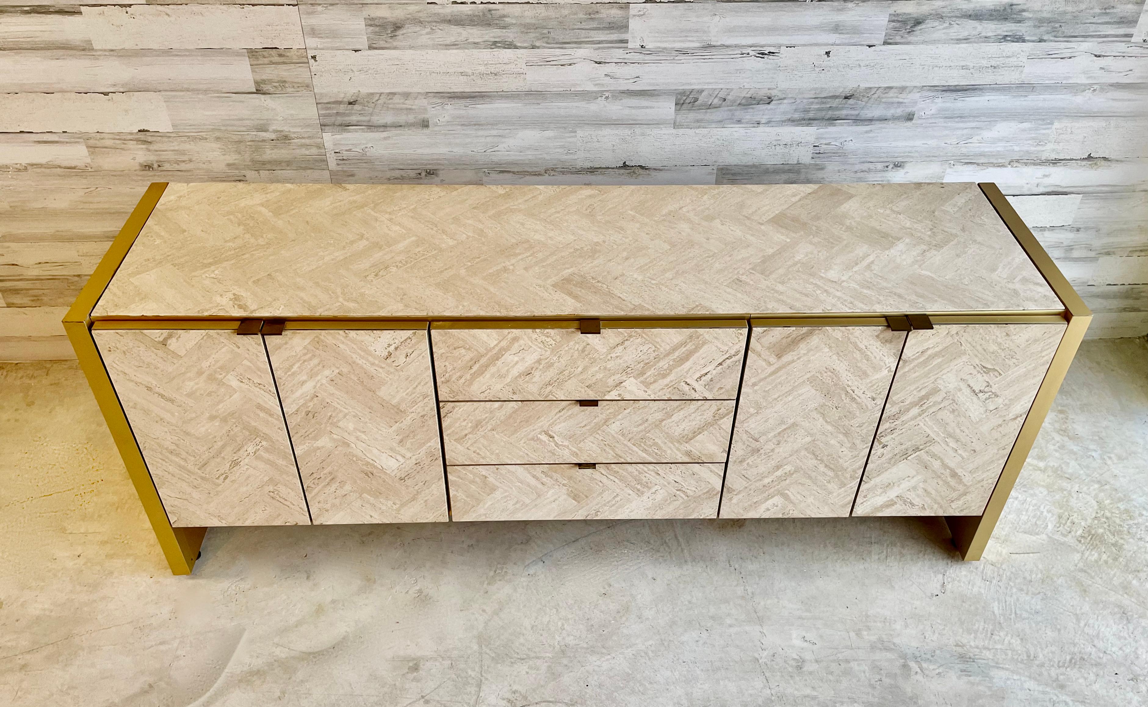 North American Ello Travertine and Brushed Brass Credenza For Sale