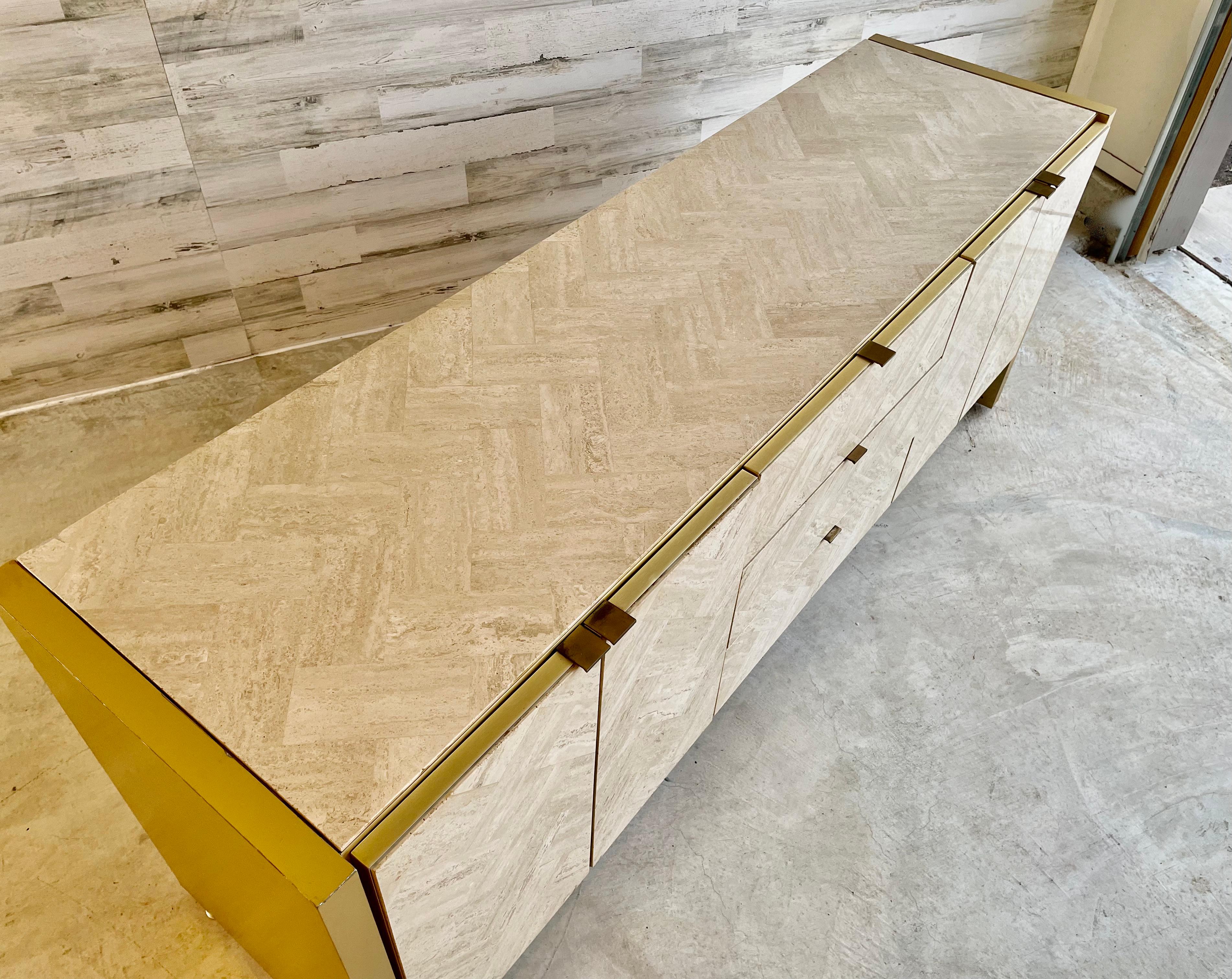 Ello Travertine and Brushed Brass Credenza In Good Condition For Sale In Denton, TX