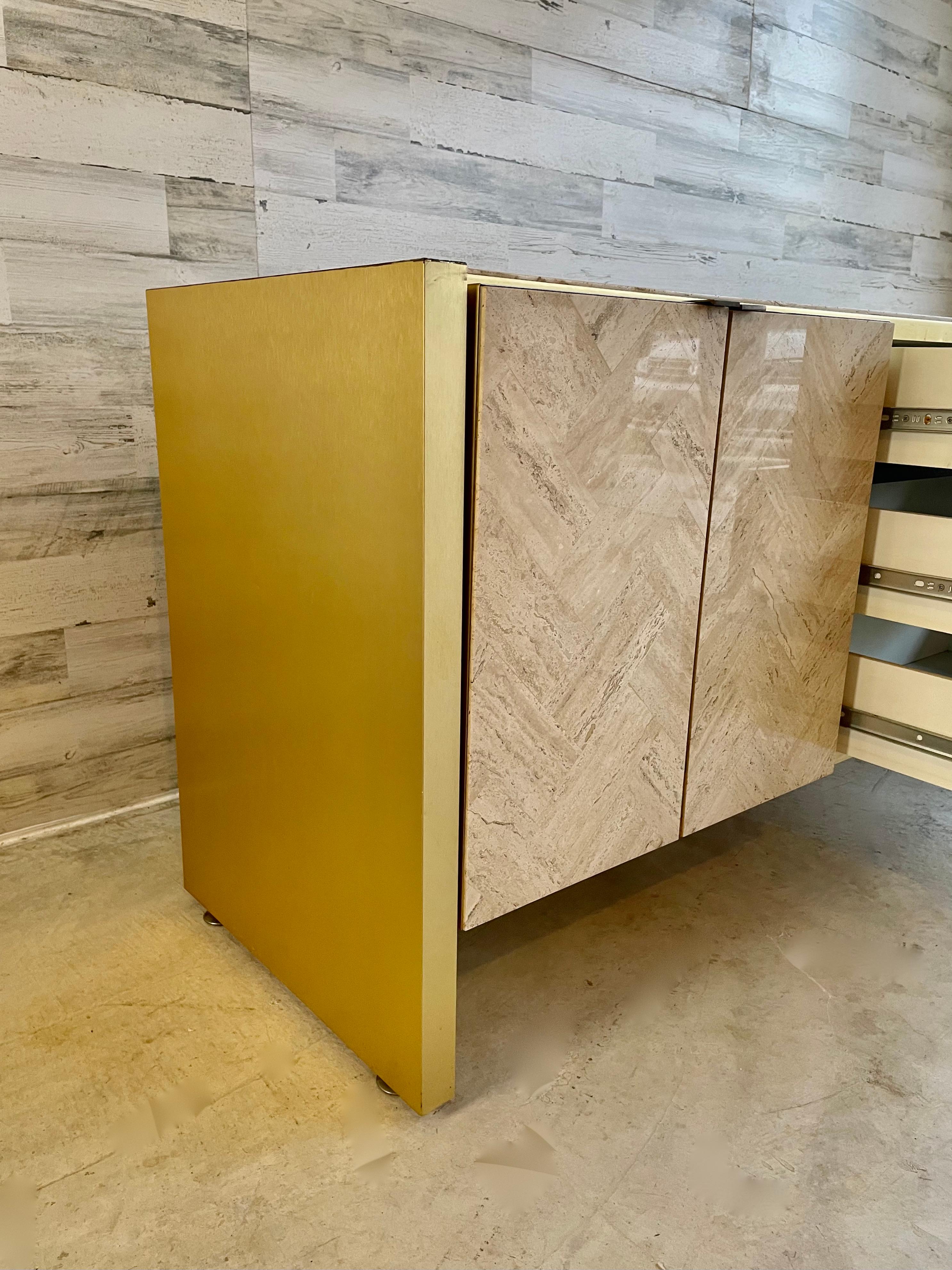 Ello Travertine and Brushed Brass Credenza In Good Condition In Denton, TX