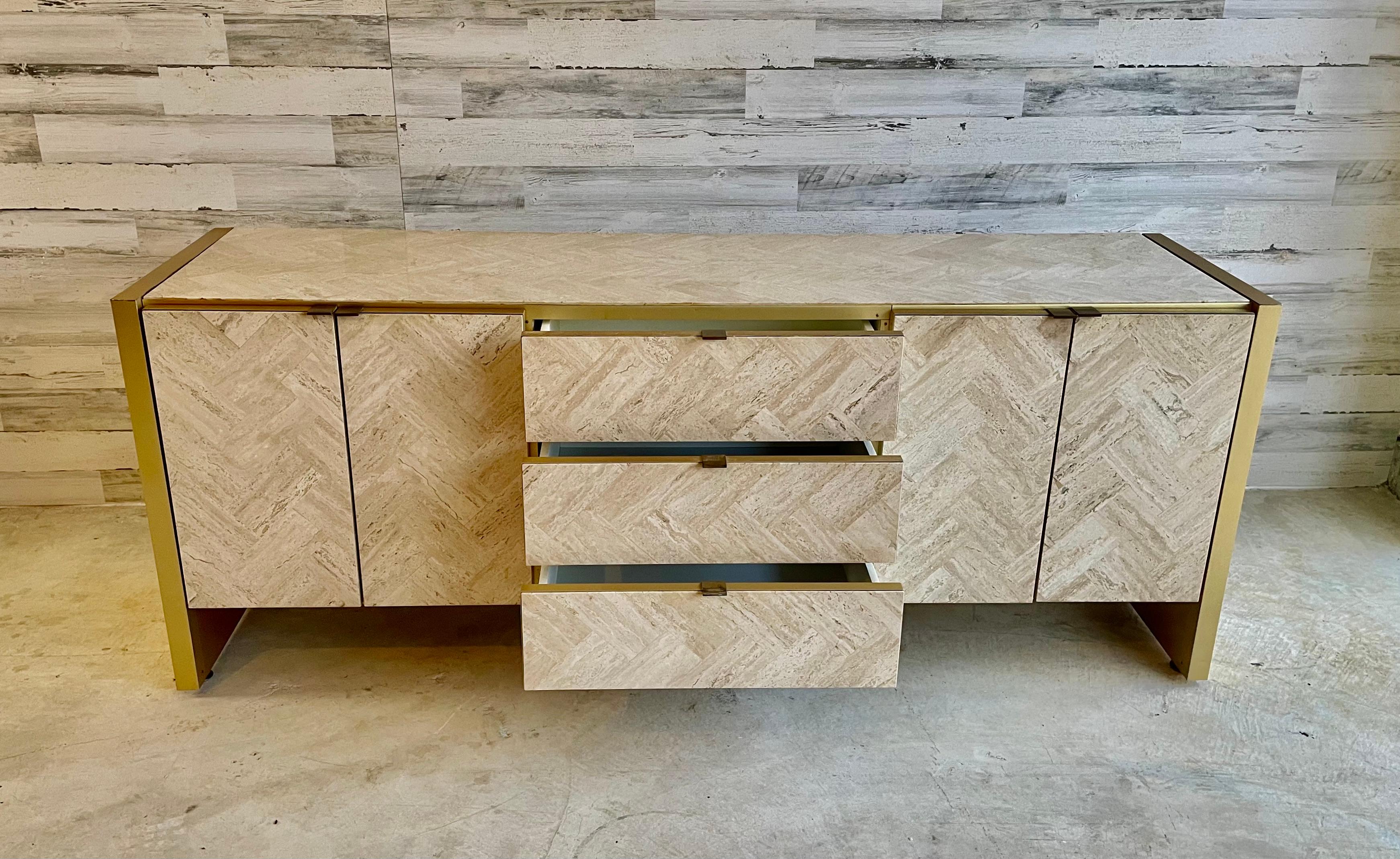20th Century Ello Travertine and Brushed Brass Credenza For Sale