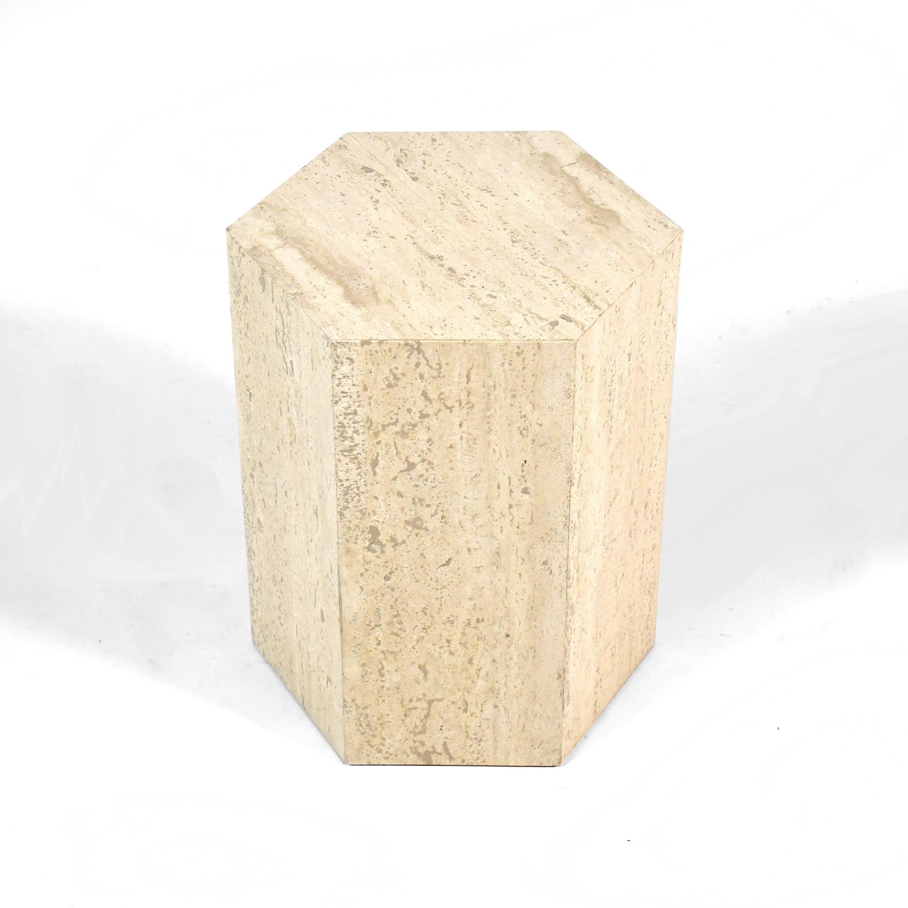 Mid-Century Modern Ello Travertine Hexagonal Side Table / Pedestal