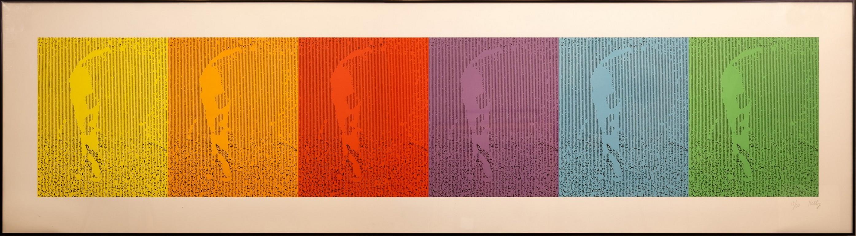 A vibrant minimalist lithograph in colors on Arches 88 paper titled “EK/Spectrum I (From Portraits)” by Ellsworth Kelly. Hand signed bottom right with an annotation of 19/50. Published by Gemini G.E.L., Los Angeles, with their blindstamp and