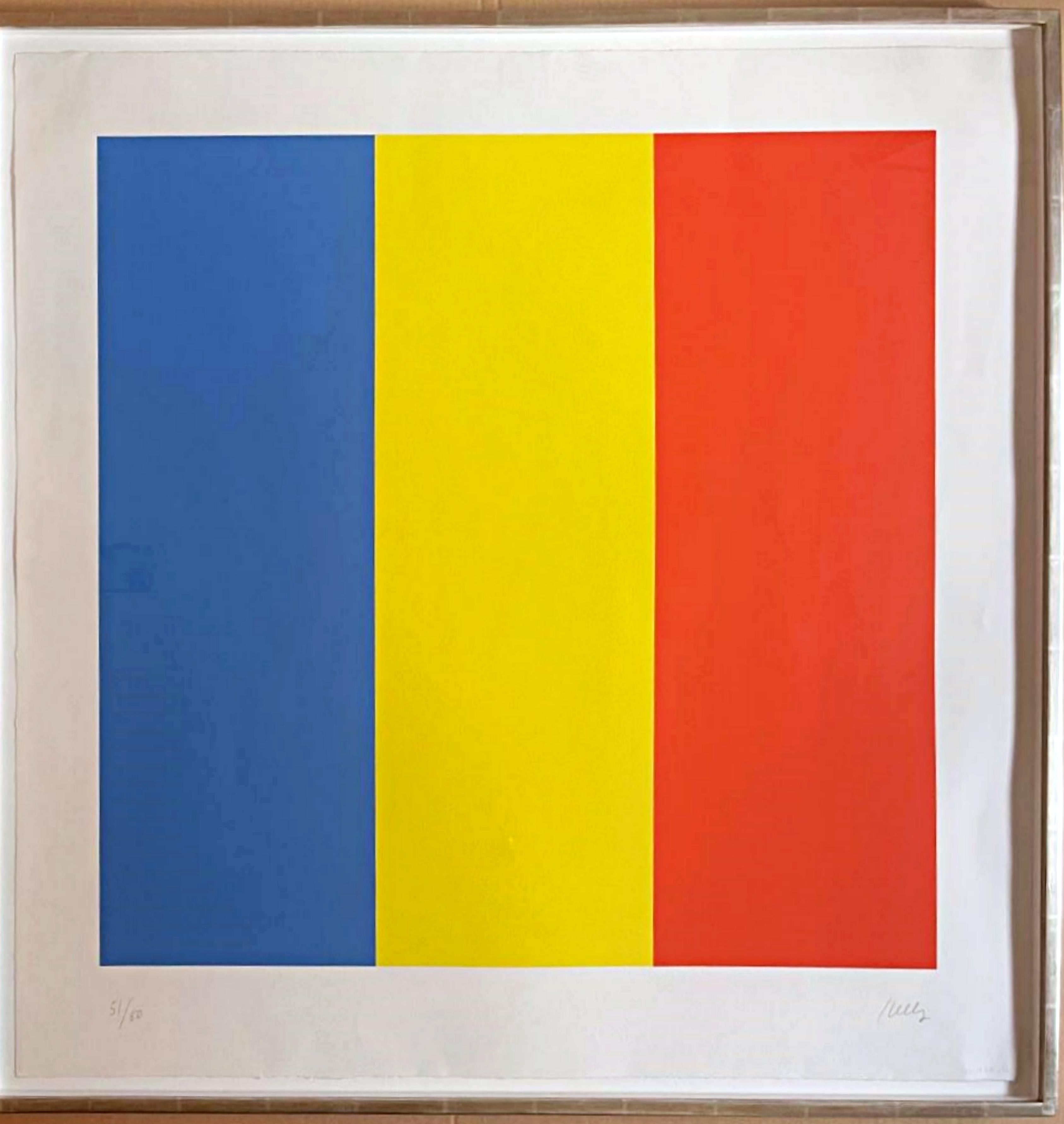 Ellsworth Kelly
Blue / Yellow / Red, 1992
Color lithograph on Rives BFK paper
Signed lower right and numbered 51/80 lower left
Frame Included: held in original hand made gold leaf frame with UV plexiglass (labels verso)
Dazzling large (over three