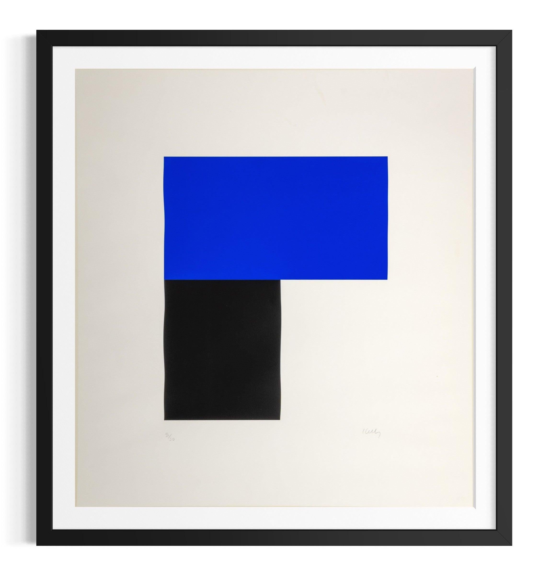 Artist: Ellsworth Kelly
Title: Blue with Black #1
Medium: Color Lithograph
Year: 1975
Size Sheet: 30.25” x 27.75”
Edition: 31/50
Inscription: Signed and numbered in pencil front lower margin
Note: This piece is currently not framed; the pictures