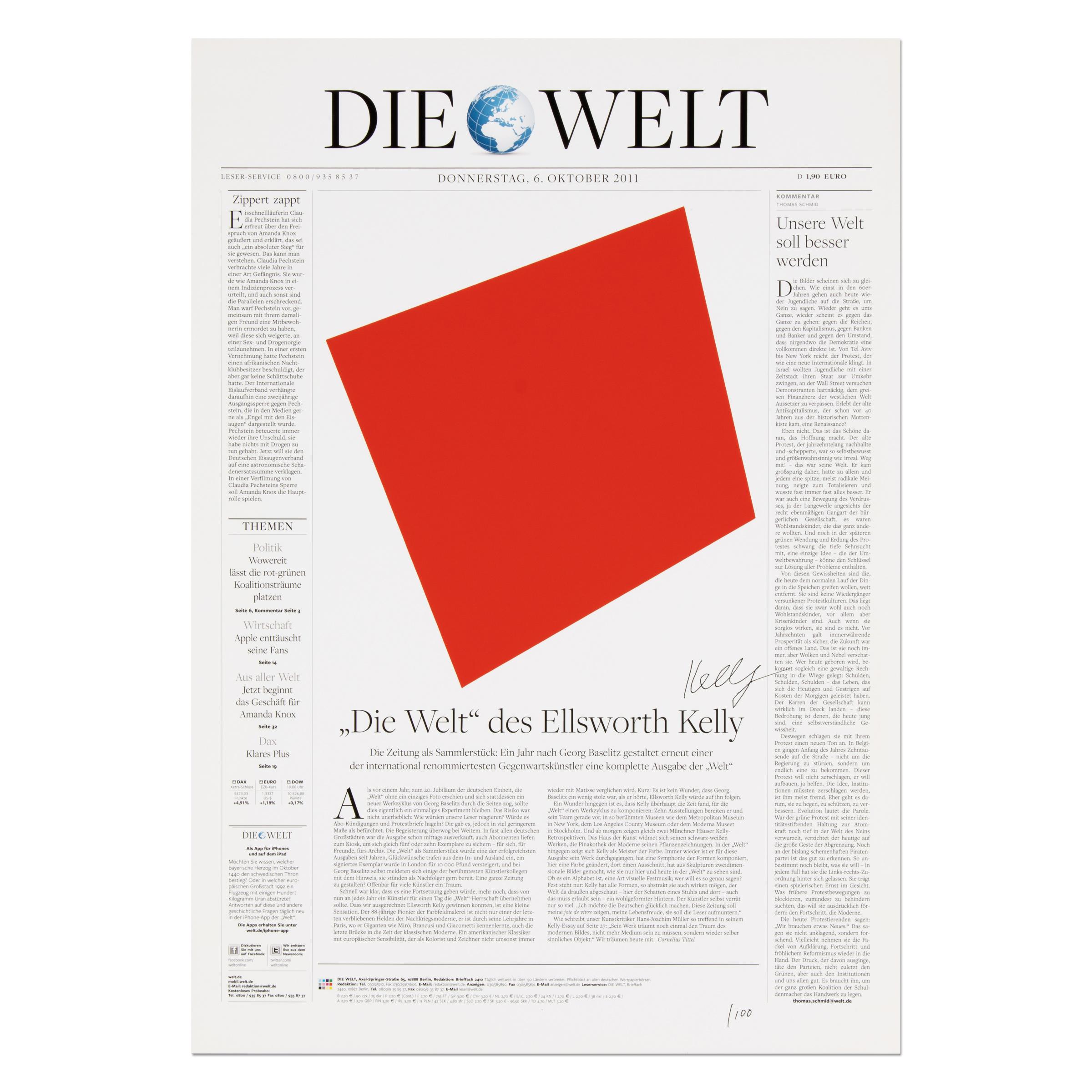 Ellsworth Kelly (American, 1923-2015)
Die Welt, 2011
Medium: Offset lithograph on vellum
Dimensions: 57.2 x 40 cm (22½ x 15¾ in)
Edition of 100: Hand-signed and numbered
Publisher: Die Welt, Berlin
Condition: Mint