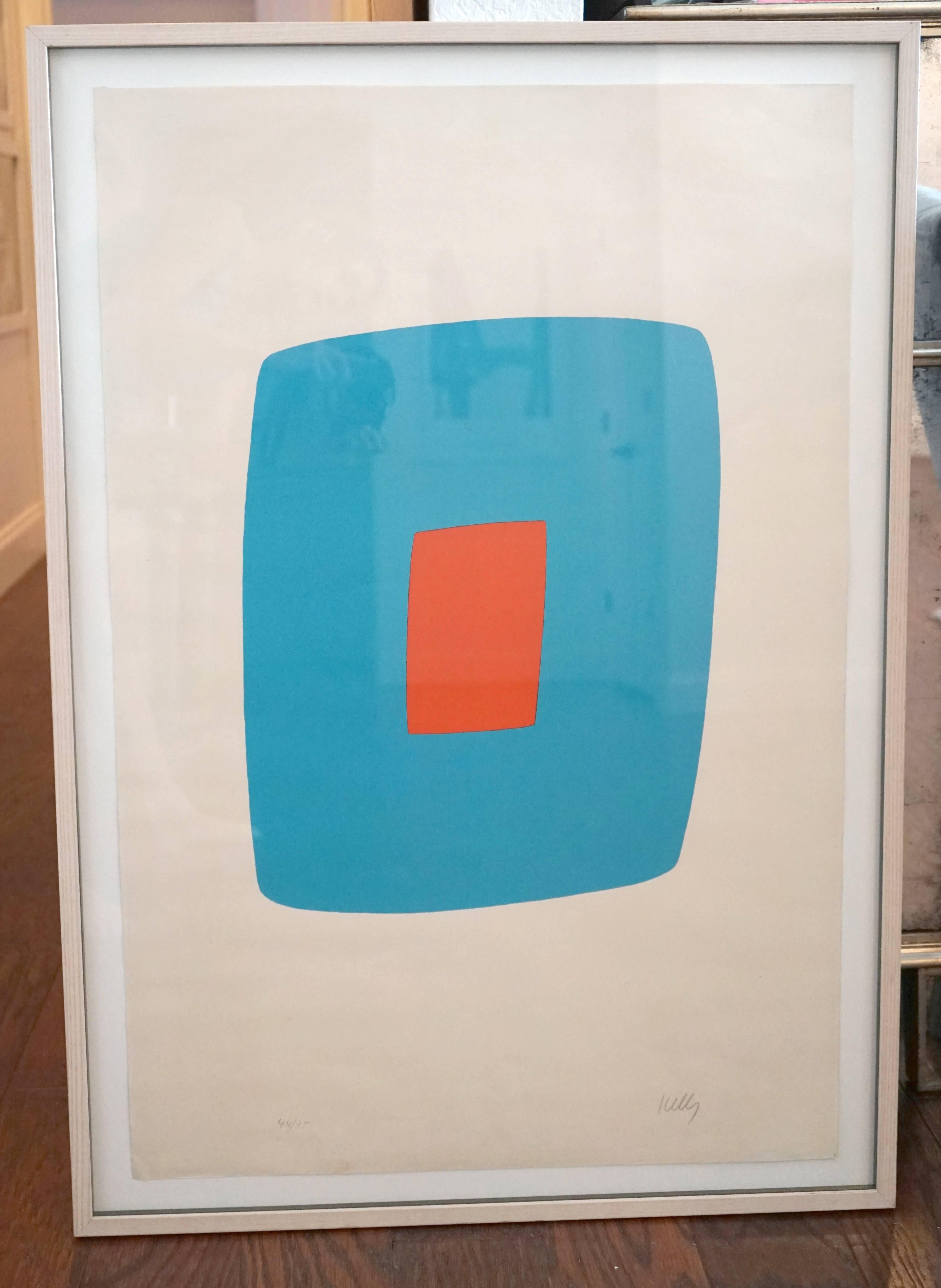 Artist: Ellsworth Kelly
Title: Light Blue with Orange (Bleu clair avec orange) from Suite of Twenty-Seven Color Lithographs
One from a series of twenty-seven lithographs
Year: 1964-1965
Medium: Lithograph on Rives paper
Signed and numbered in the
