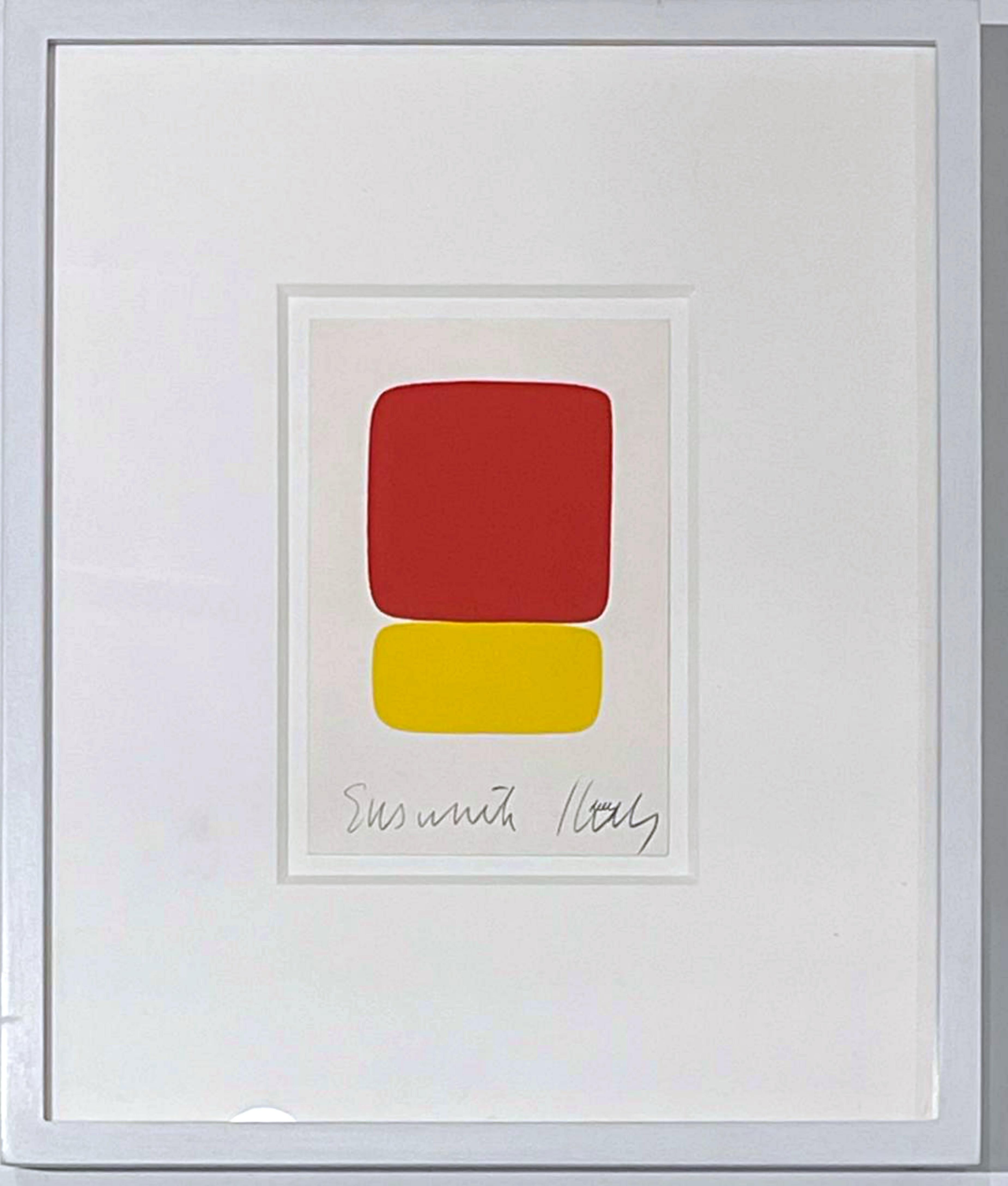 Il s'agit d'une carte lithographique offset signée à la main par Ellsworth Kelly sur la partie inférieure du recto.
l'œuvre représentée sur la carte est Rouge sur Jaune, tirée de la Suite de vingt-sept lithographies (A. 19), publiée par Maeght
Cette