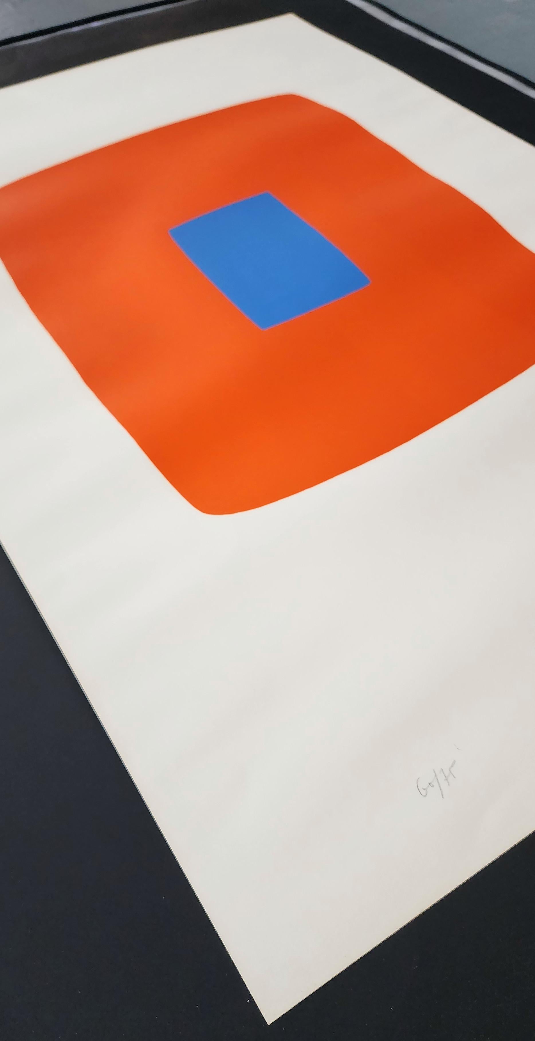 Ellsworth Kelly
Orange with Blue
1964-1965
Color Lithograph
Printed on Rives BFK paper by Marcel Durassier at Imprimerie Maeght, Levallois-Perret.
Size: 35.04 x 23.5 inches (88.9 x 59.69 cm)
Edition: 75 + 7 AP
Pencil signed (lower right) and