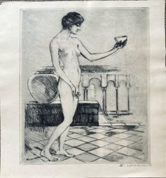 "Nude with Bowl" - Historic Signed Ellsworth Woodward Antique Portrait Etching