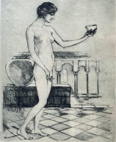"Nudo con ciotola" - Acquaforte storica firmata con ritratto antico di Ellsworth Woodward