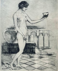 "Nude with Bowl" - Historic Signed Ellsworth Woodward Antique Portrait Etching