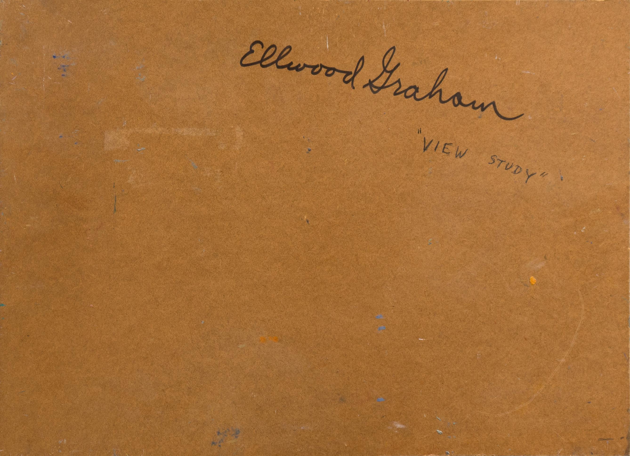 Signed upper right, 'Graham' for Ellwood Graham (American, 1911-2007) and painted circa 1985; additionally signed, verso, and titled, 'View Study'. 

This early California Modernist was born in St. Louis, Missouri, and attended the School of Fine