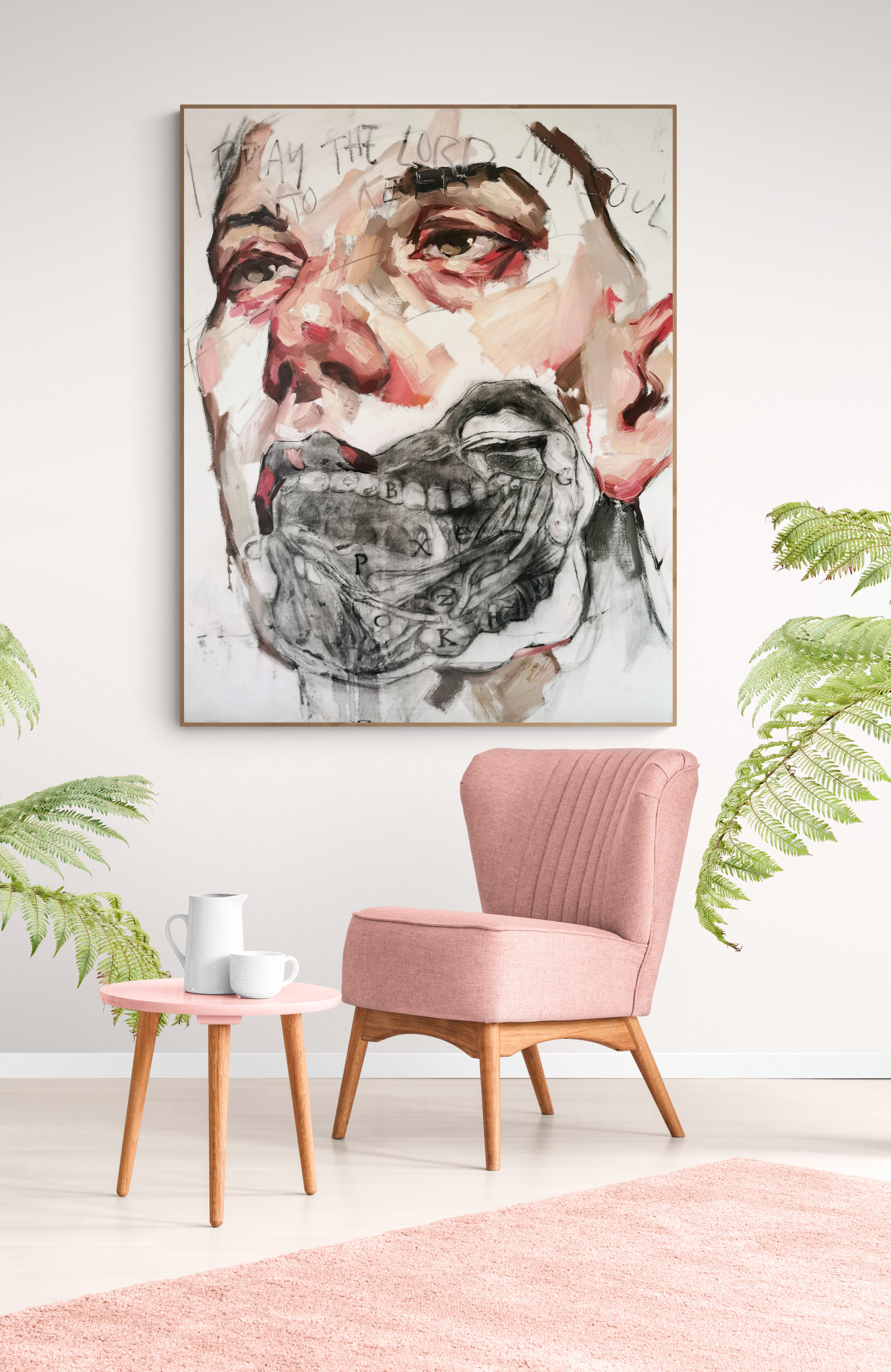 Gran pintura al óleo y carboncillo sobre lienzo Retrato 