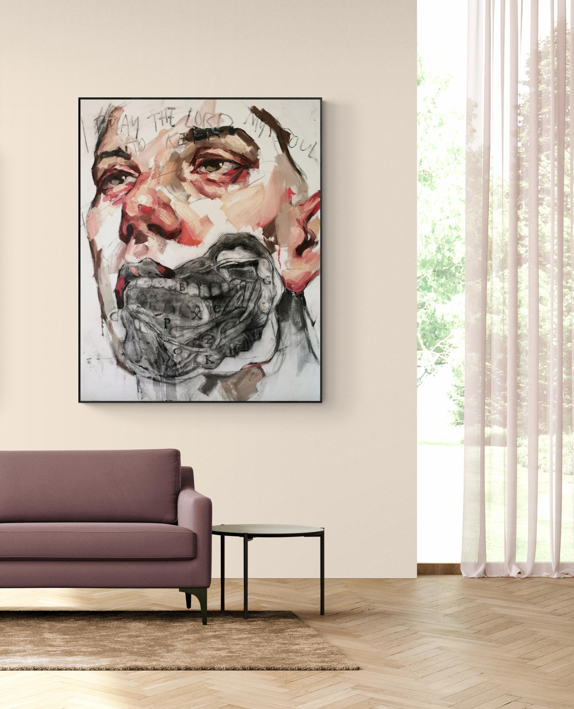 Gran pintura al óleo y carboncillo sobre lienzo Retrato 