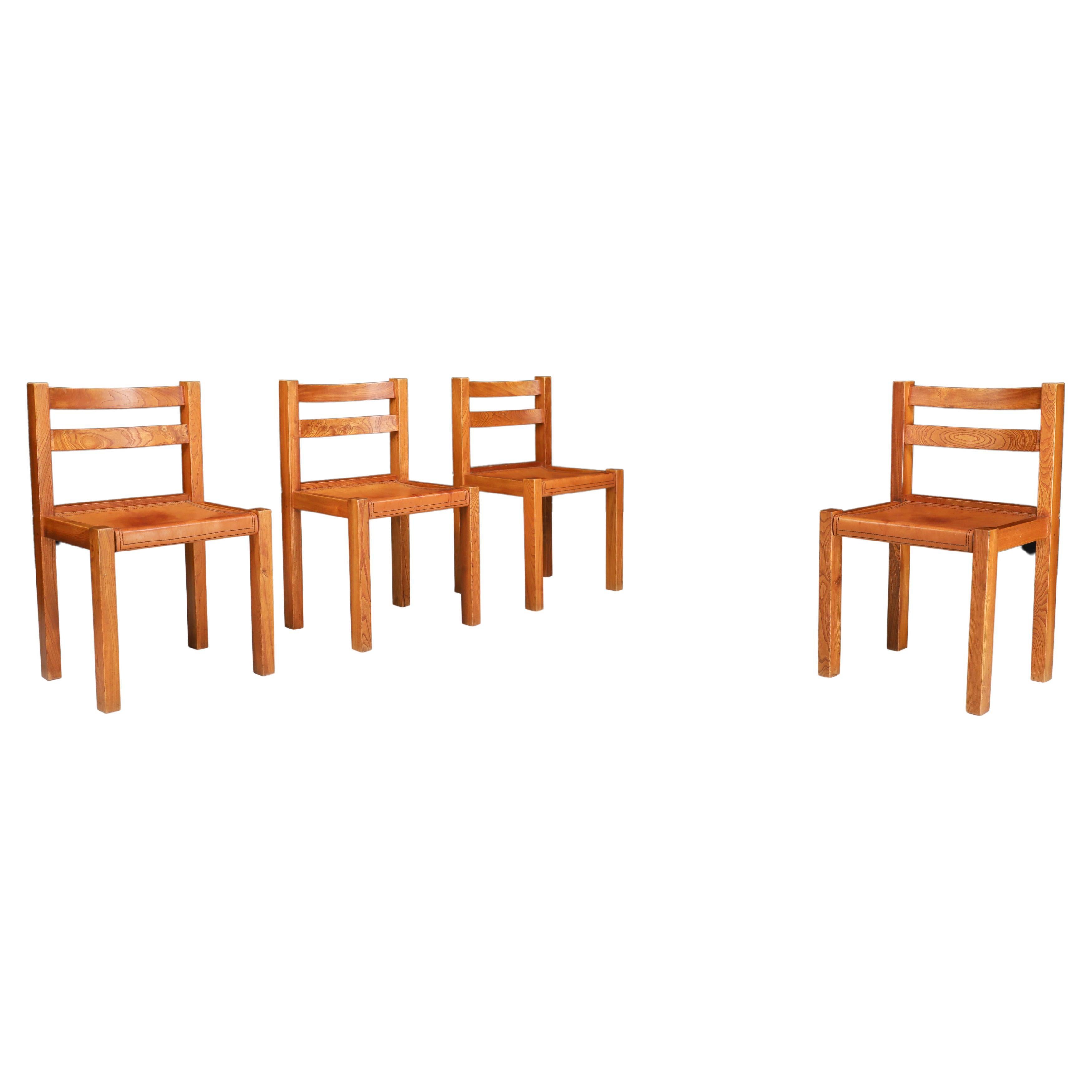 Elm and Cognac Leather Dining room Chairs set of 4, Italy 1950s  For Sale