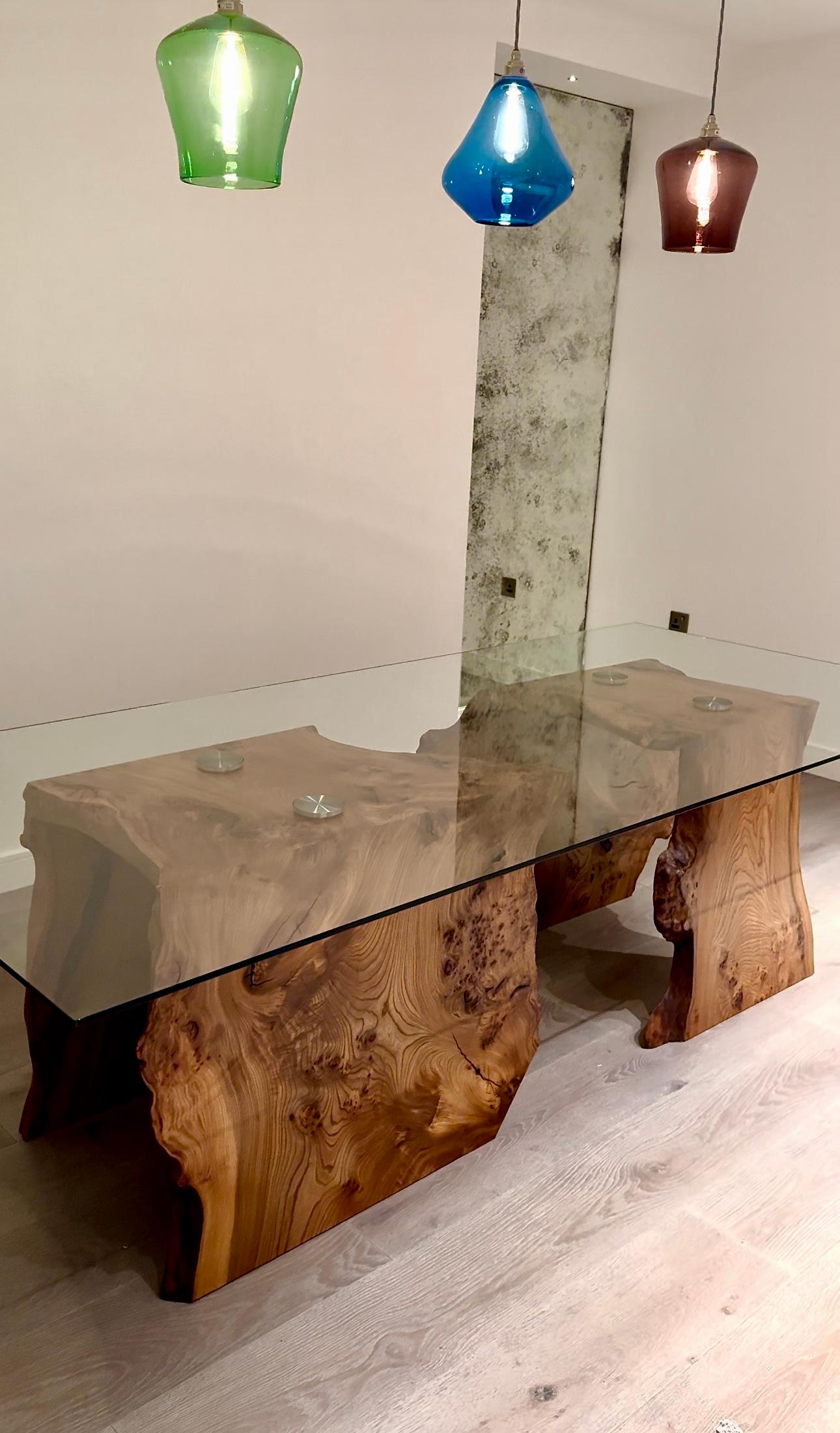 Mesa de comedor de olmo y cristal Británico en venta