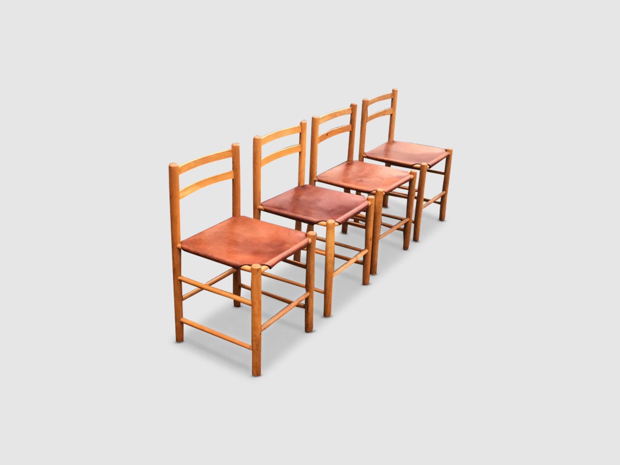 Leather Elm and leather dining chair by Ate van Apeldoorn -Houtwerk Hattem 1960s, set 4