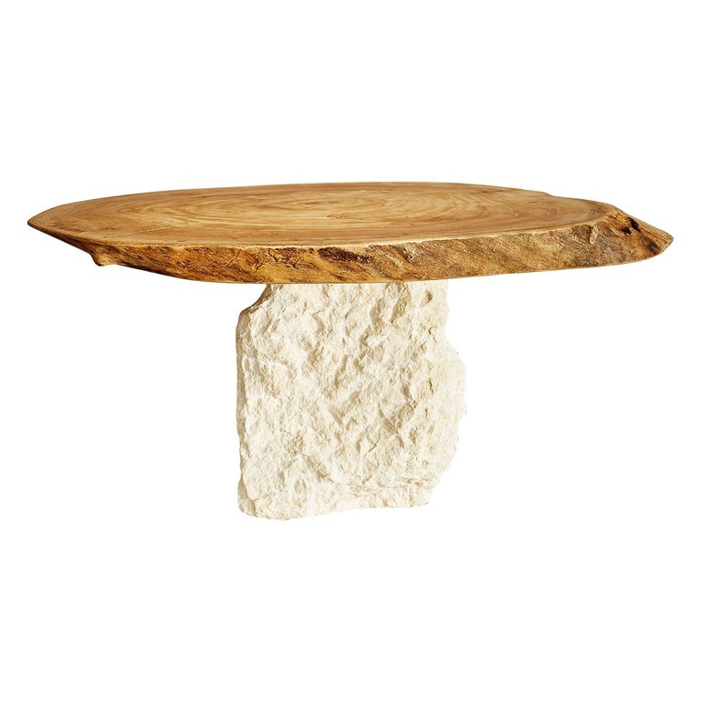 Elm and Stone Oval Coffee Table by Jean-Baptiste Van den Heede For Sale