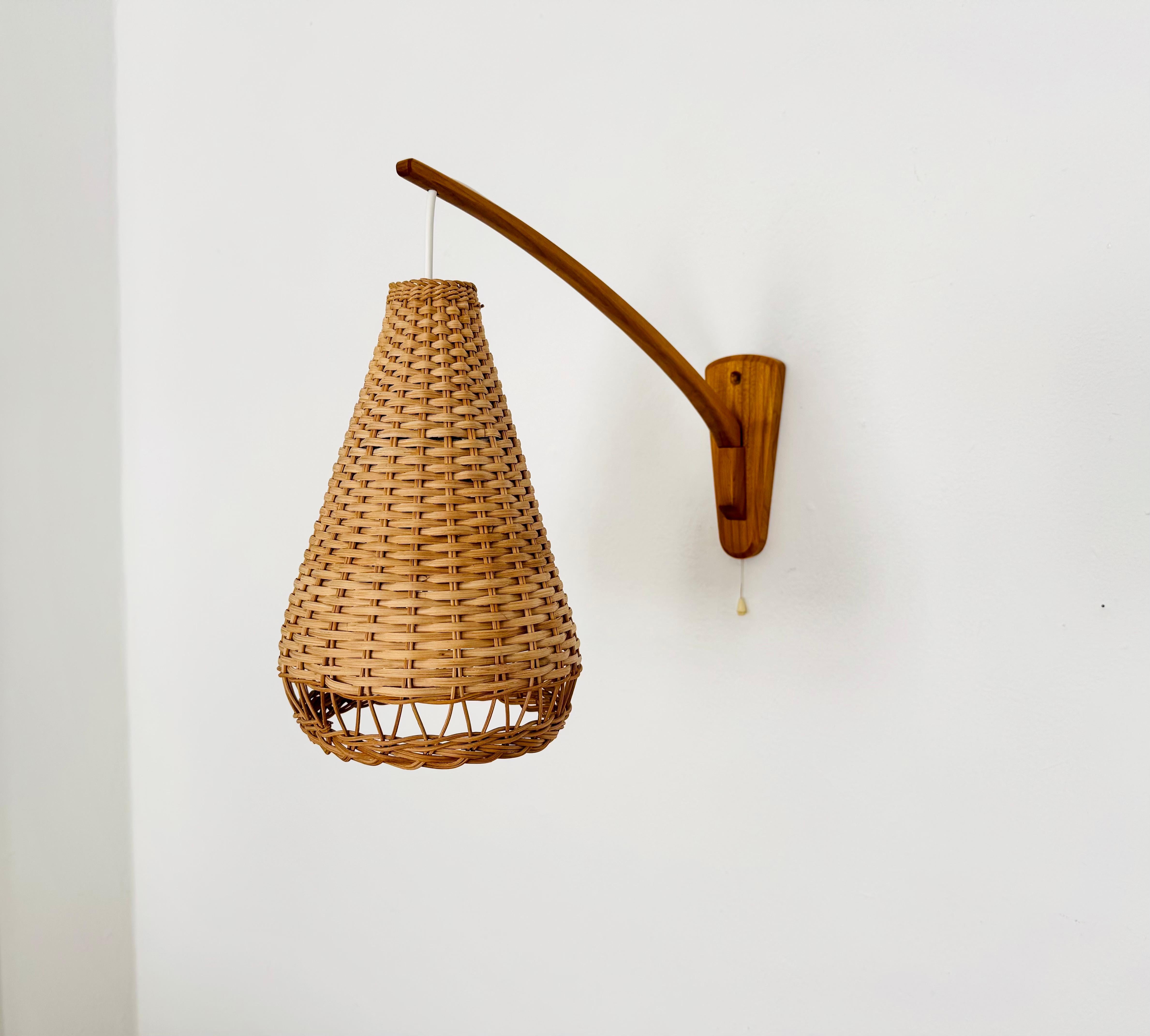 Scandinavian Modern Elm and Wicker Wall Lamp For Sale