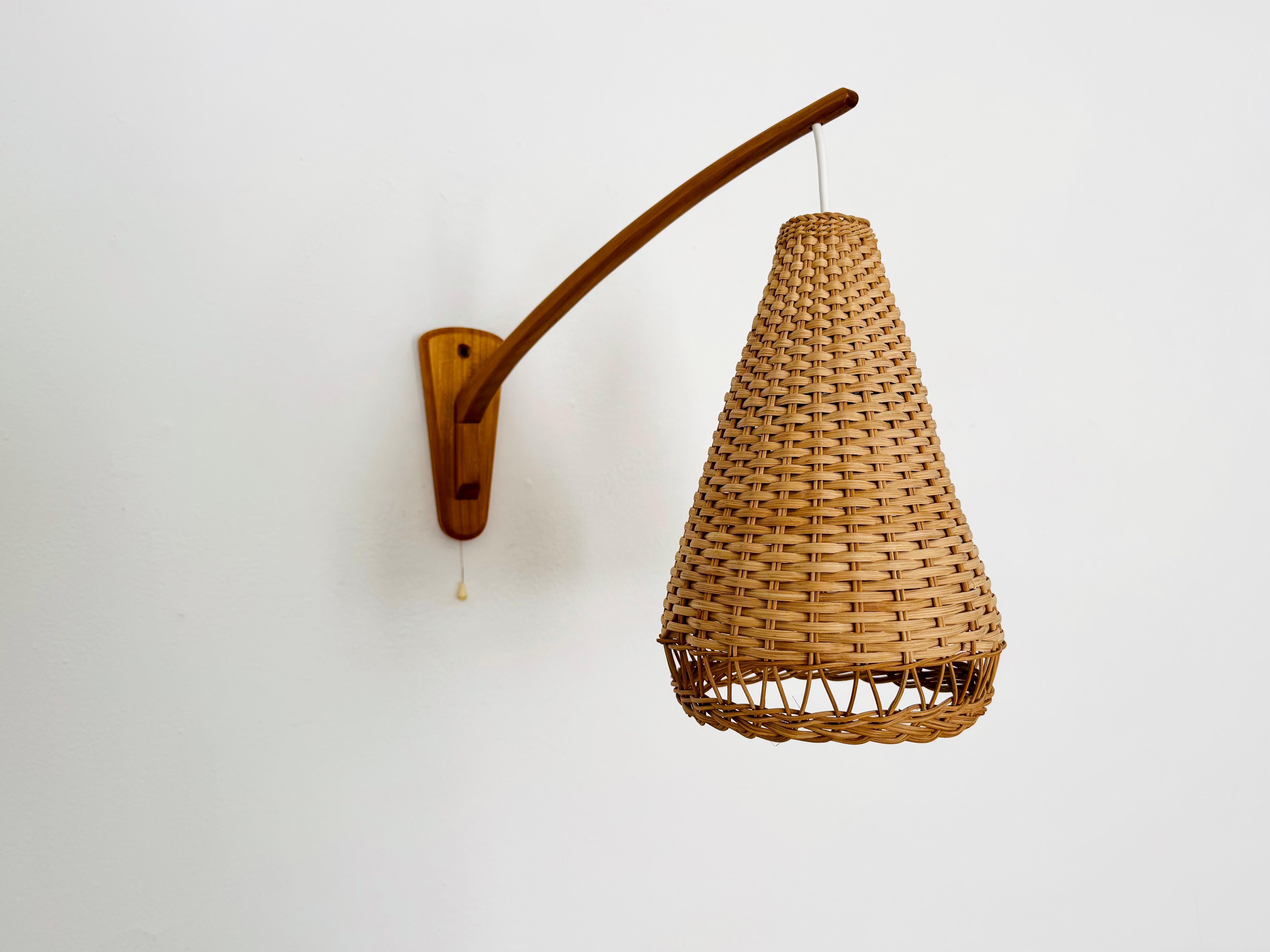 German Elm and Wicker Wall Lamp For Sale