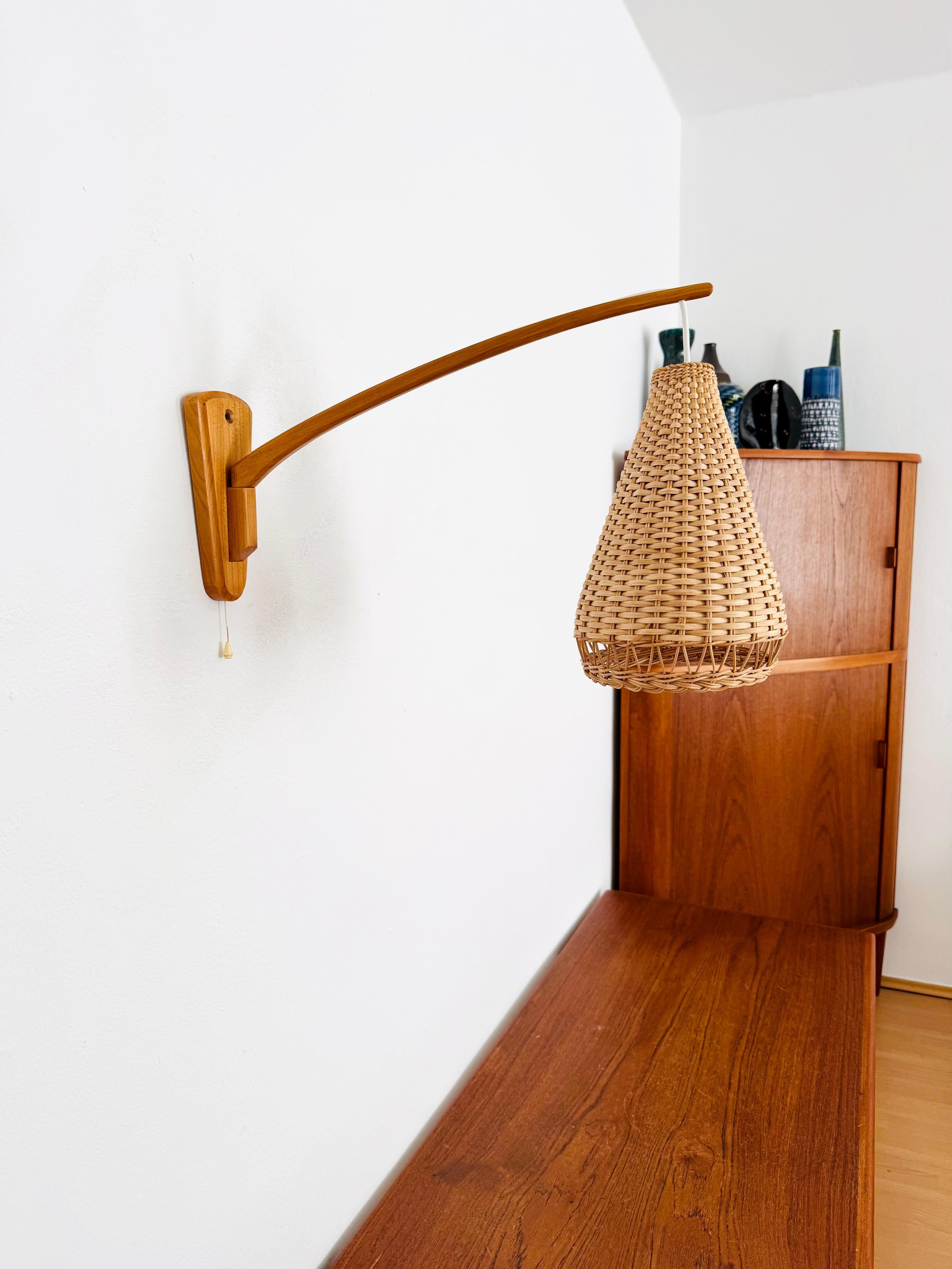 Mid-20th Century Elm and Wicker Wall Lamp For Sale