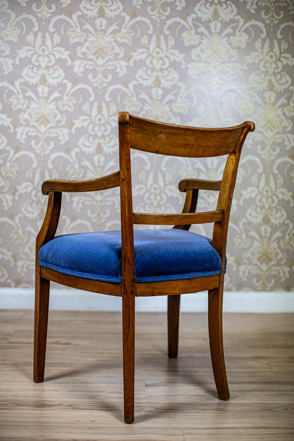 European Elm Armchair from the Early 20th Century in Blue Upholstery For Sale