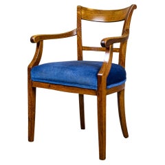 Antique Elm Armchair from the Early 20th Century in Blue Upholstery