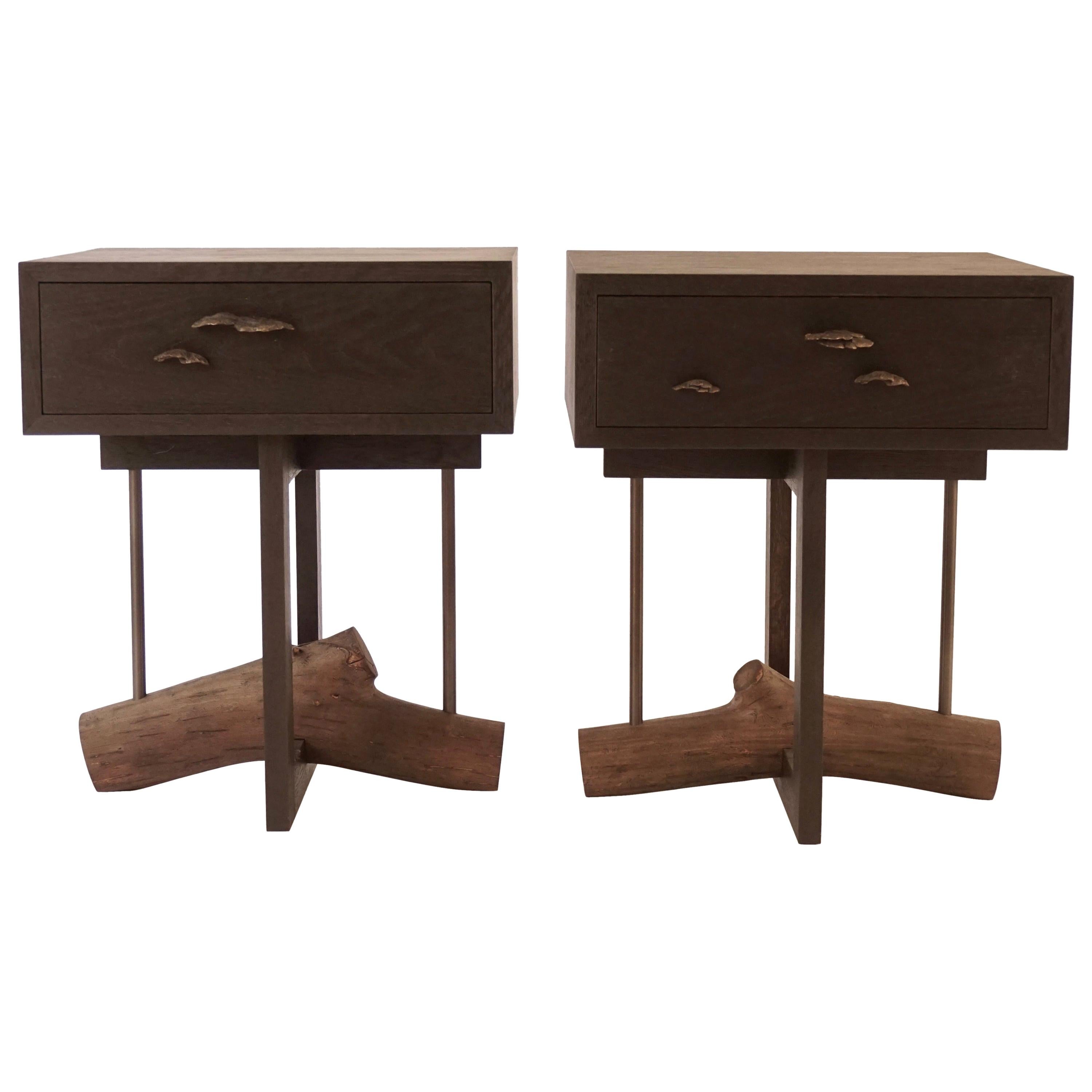 Elm Branch Bedside Tables by Chris Lehrecke with Bronze Mushroom Pulls For Sale