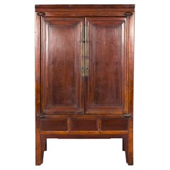 Antique Elm Brown Lacquer Cabinet with Bronze Hardware and Shelves, Late Qing Dynasty
