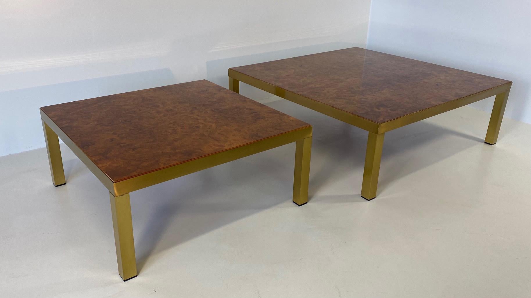 This coffee table was produced in Italy in the 1970s and it clearly reminds the design of Willy Rizzo. 

The top is in elm burl, while the legs and the profile is in brass. 

If you like this design, we recommend you to have a look at our