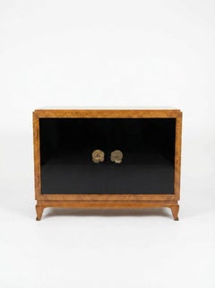 Elm Burl Commode with Lacquered Doors and Bronze Ornaments, France, circa 1940