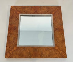 Elm burl veneer and chrome square mirror by Willy Rizzo. Circa 1970