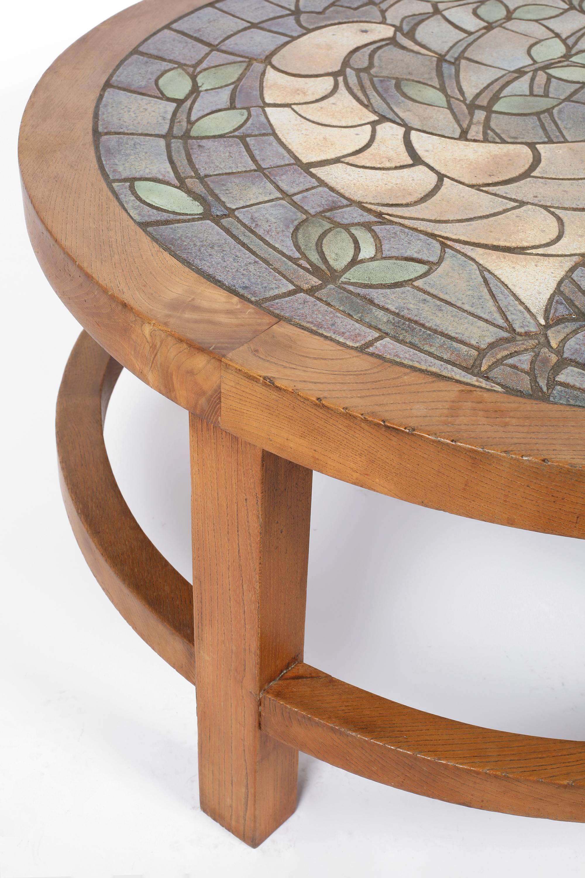 French Elm & Ceramic Tile Mosaic Coffee Table by Marie Poirier For Sale
