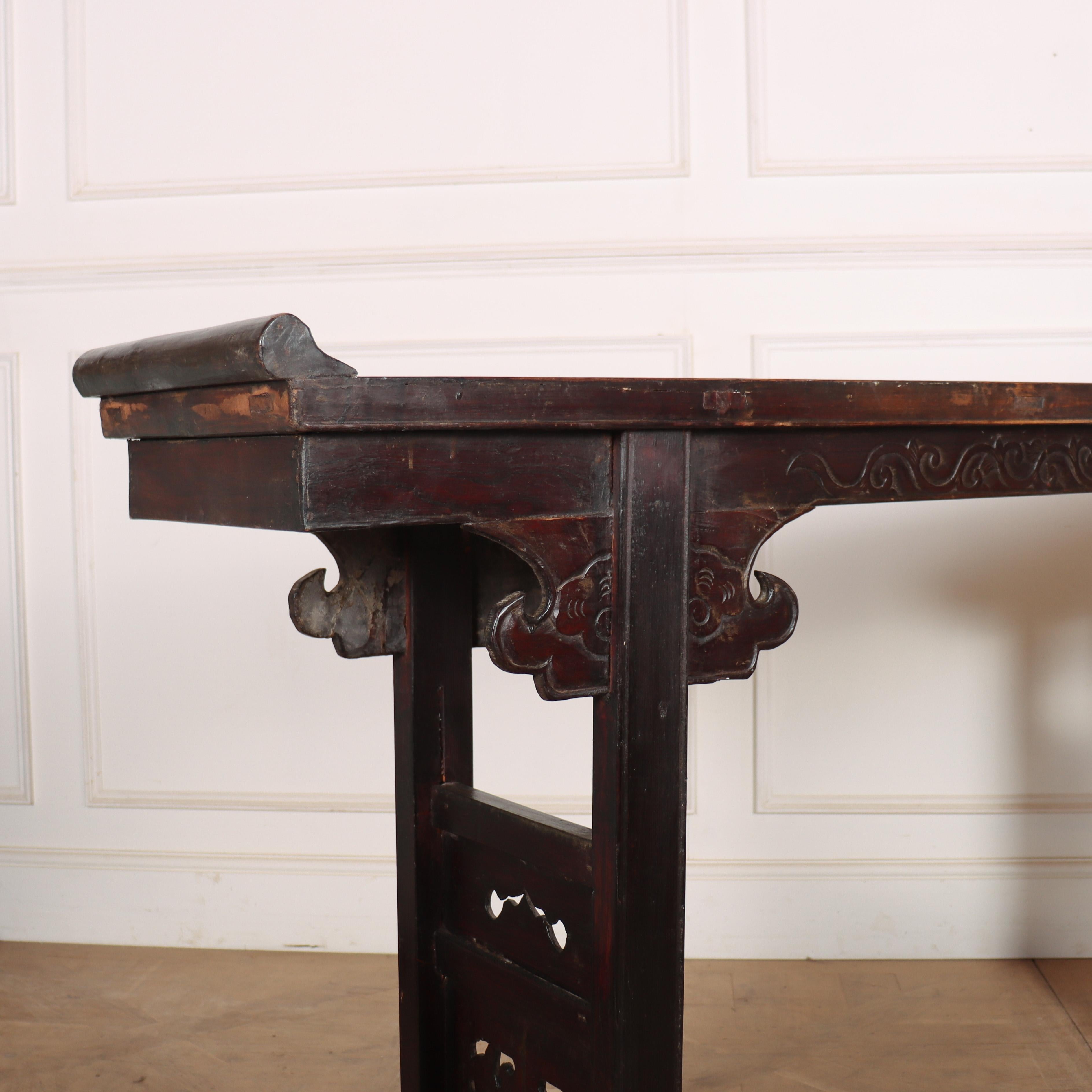 Late 19th C elm Chinese console table. 1890.

Reference: 8482

Dimensions
71.5 inches (182 cms) Wide
15 inches (38 cms) Deep
38 inches (97 cms) High
