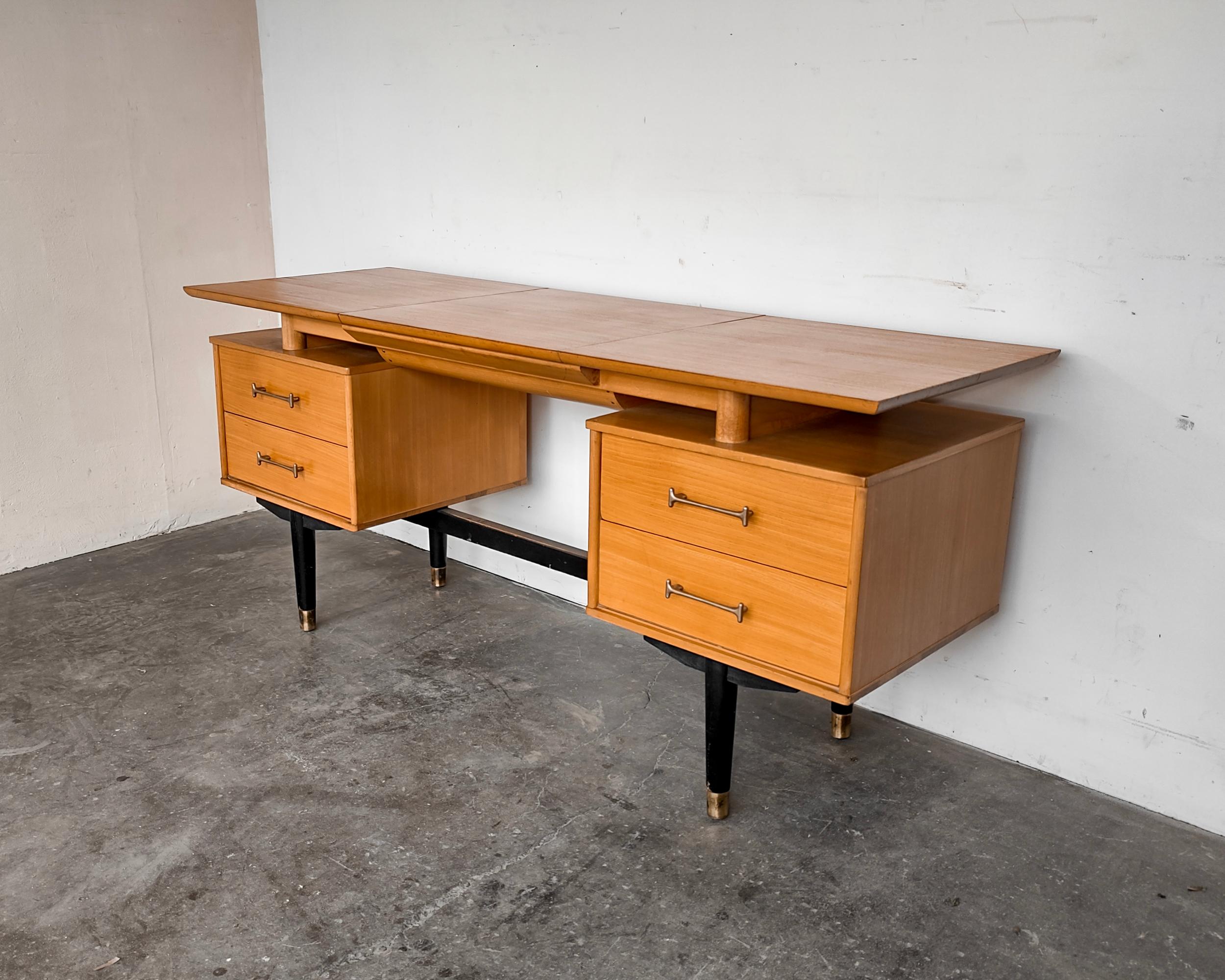 Mid-Century Modern Elm Flip Top Vanity with Mirror and Drawers by Milo Baughman for Drexel