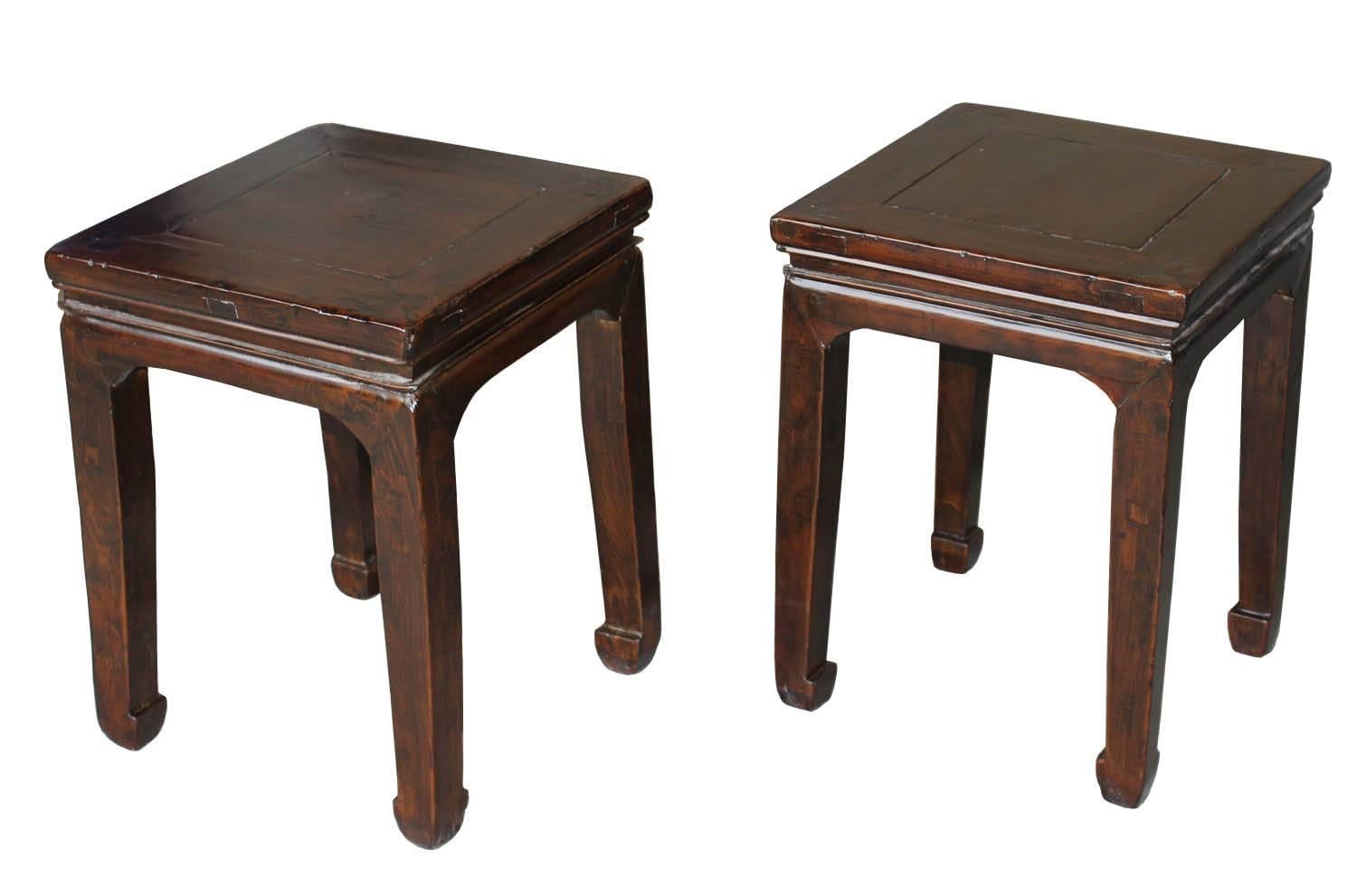 Elm Ming style side table with beautiful elm grain has a recessed top and elegant horse-hoof feet. Versatile to use as coffee tables in front of a sofa or as side tables next to armchairs. Available and priced individually.