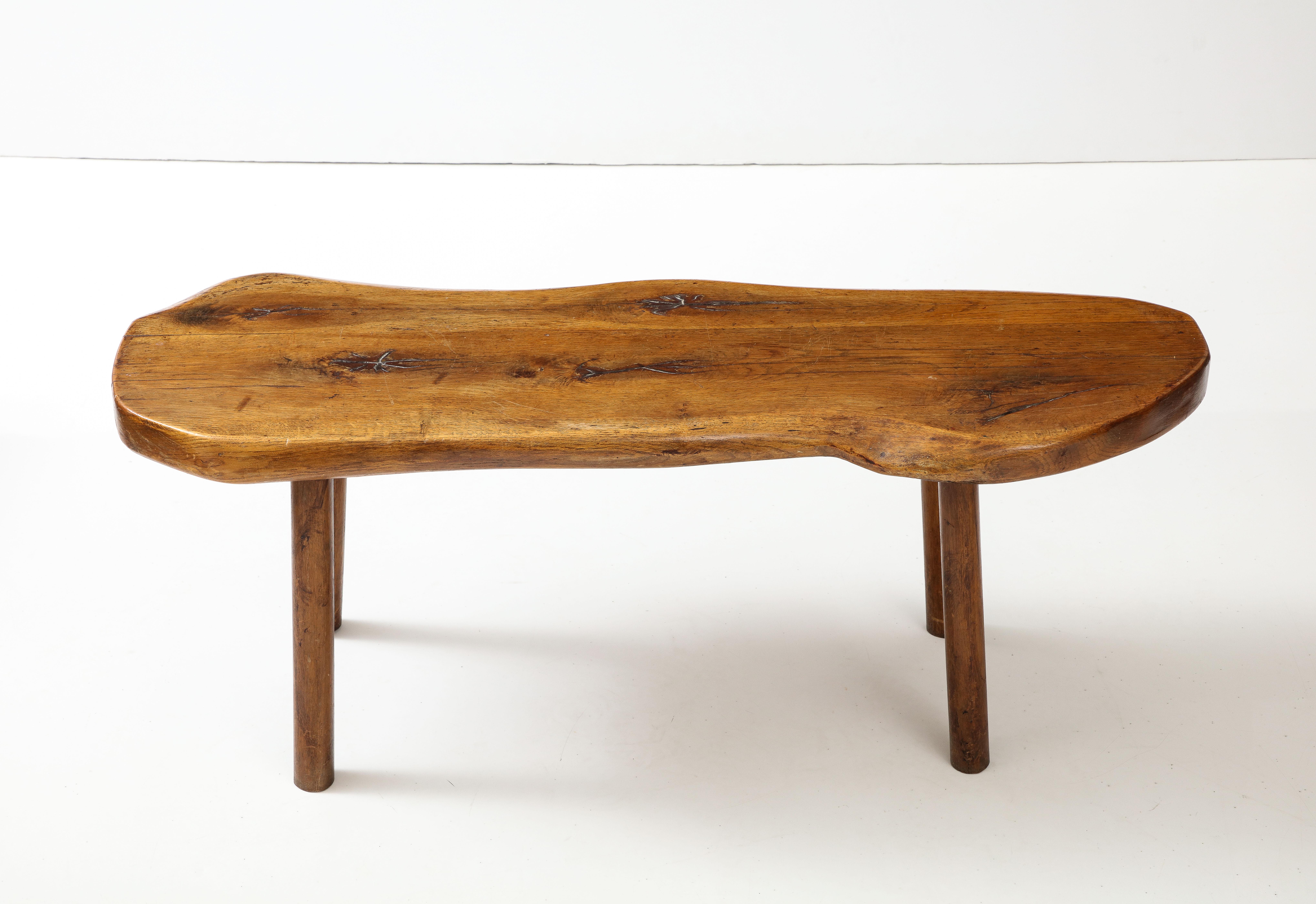 French Elm Natural Edge Brutalist Coffee Table, France, c. 1950's