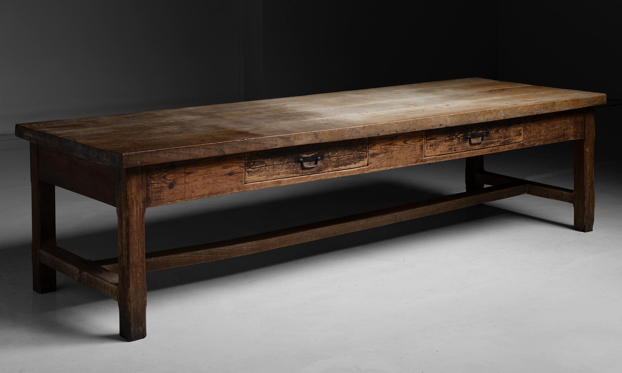 Elm & Pine Preparation Table

France Circa 1860

Pegged elm top on pine base with drawers.

Measures 119”L x 39.5”d x 30”h